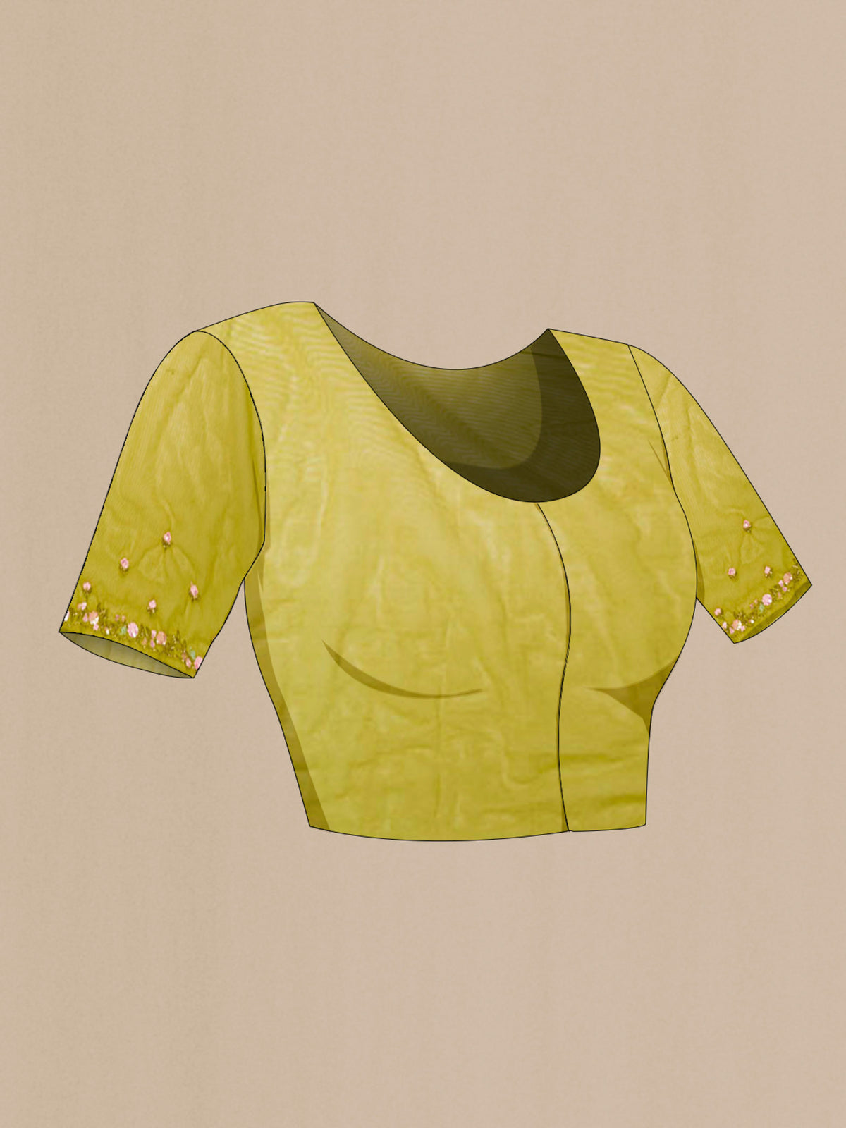 Close up image of the blouse of Green Embroidery Net Saree with Embroidery on the body and Embroidery Border