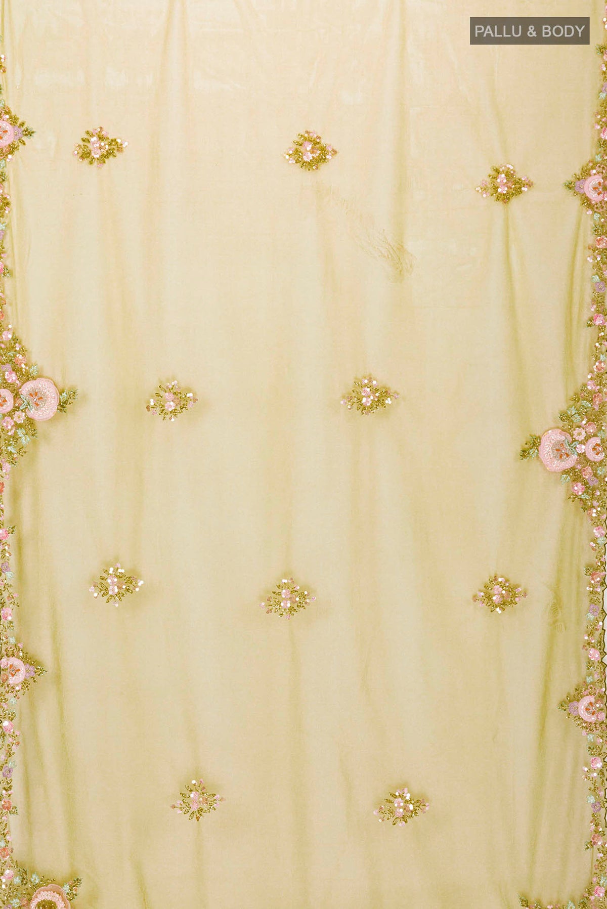 Flat view of Green Embroidery Net Saree with Embroidery on the body and Embroidery Border
