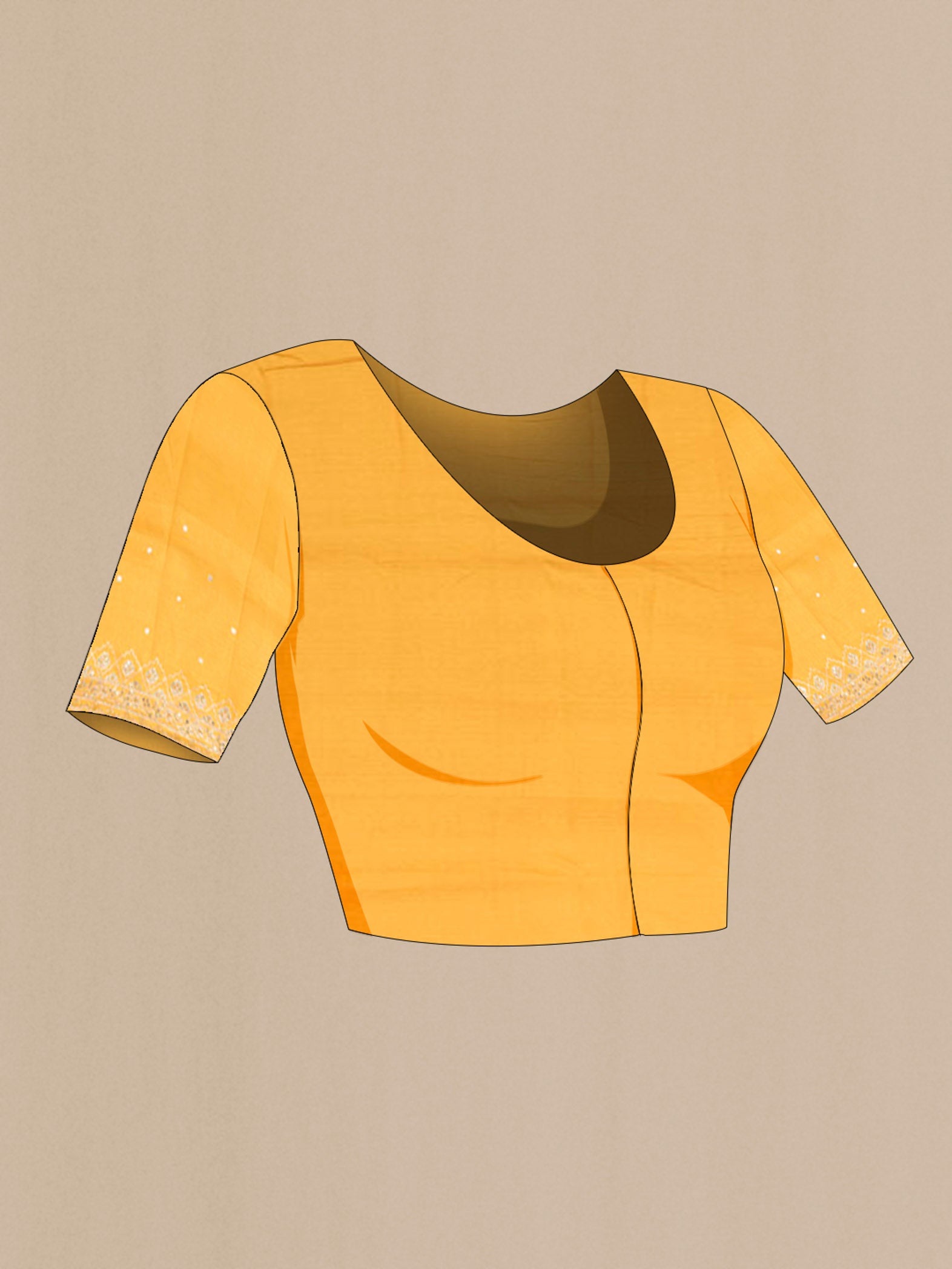 Close up image of the blouse of Yellow Tussar Silk Saree with Zari Butta on the body and Silk Border