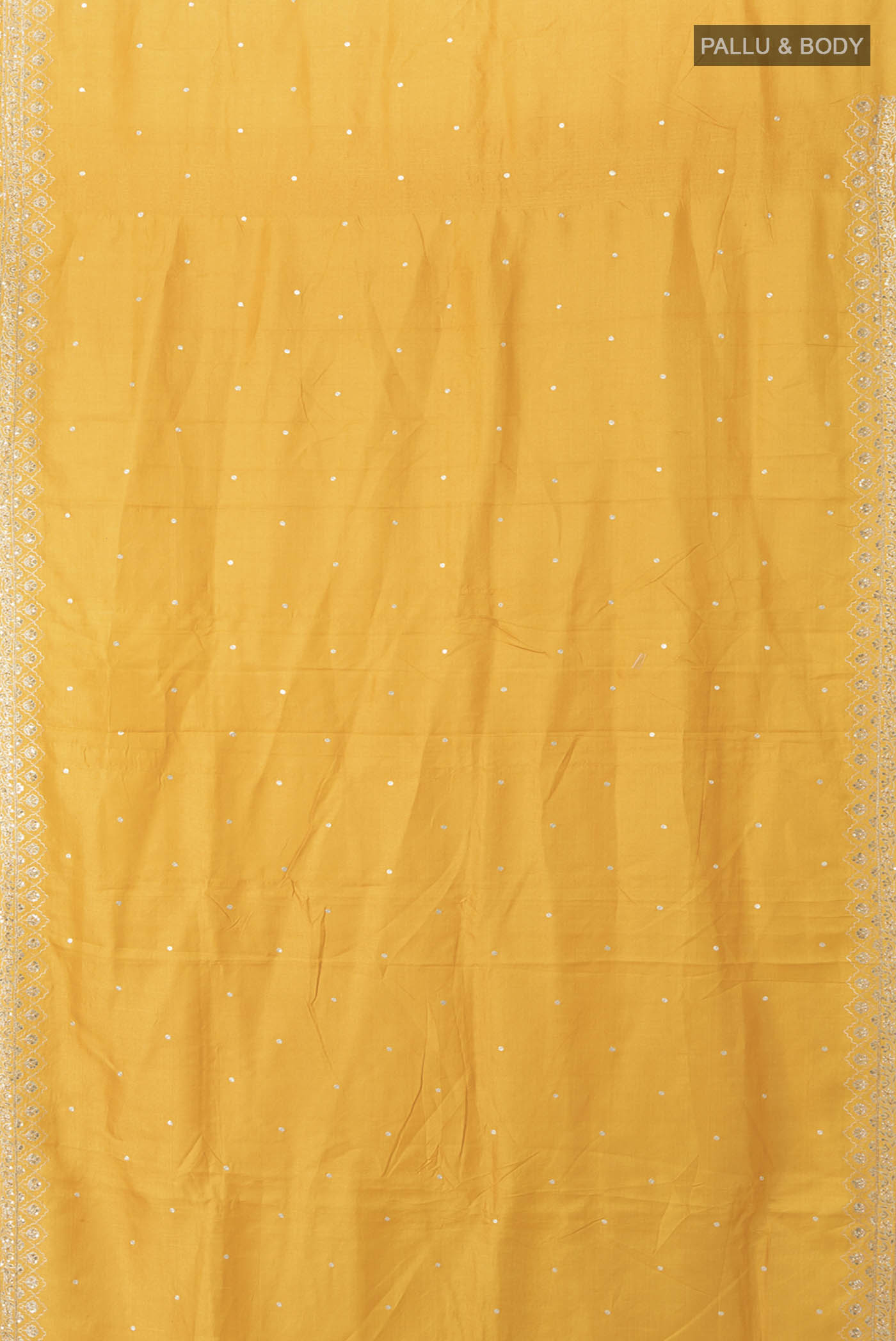Flat view of Yellow Tussar Silk Saree with Zari Butta on the body and Silk Border