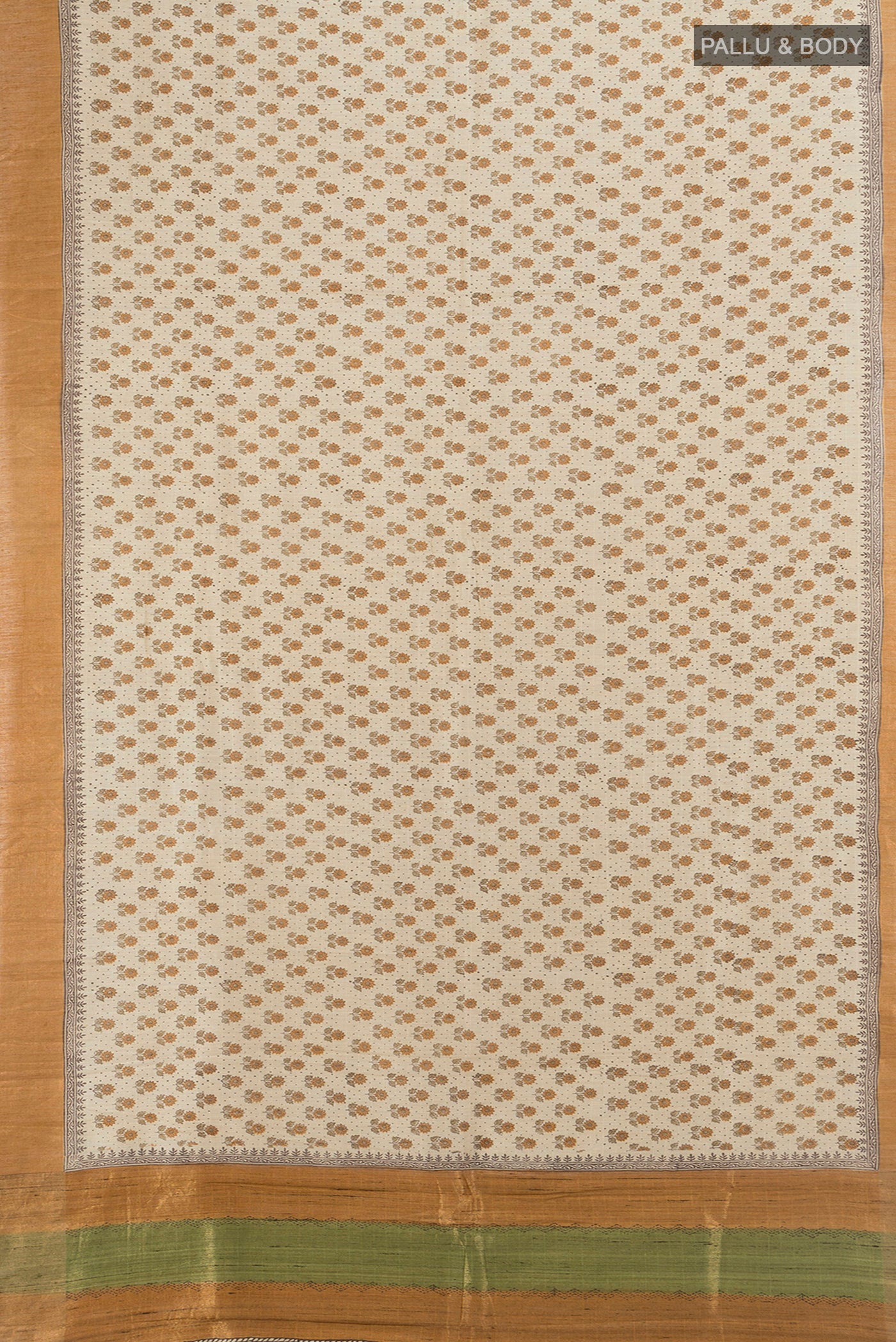 Flat view of Cream Tussar Silk Saree with Floral Print on the body and Silk Border. 