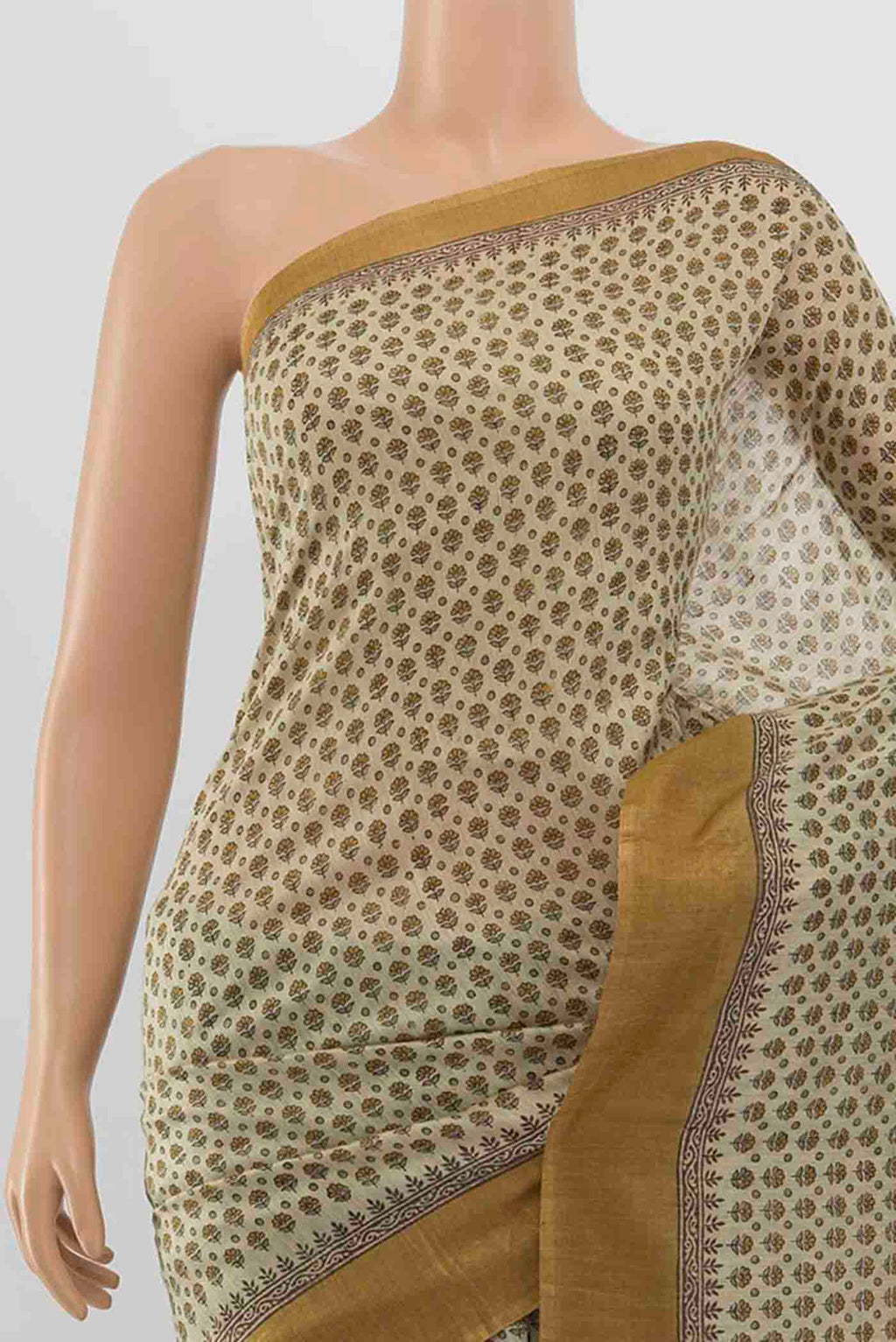 Border image of Beige Tussar Silk Saree with Floral Print on the body and Silk Border