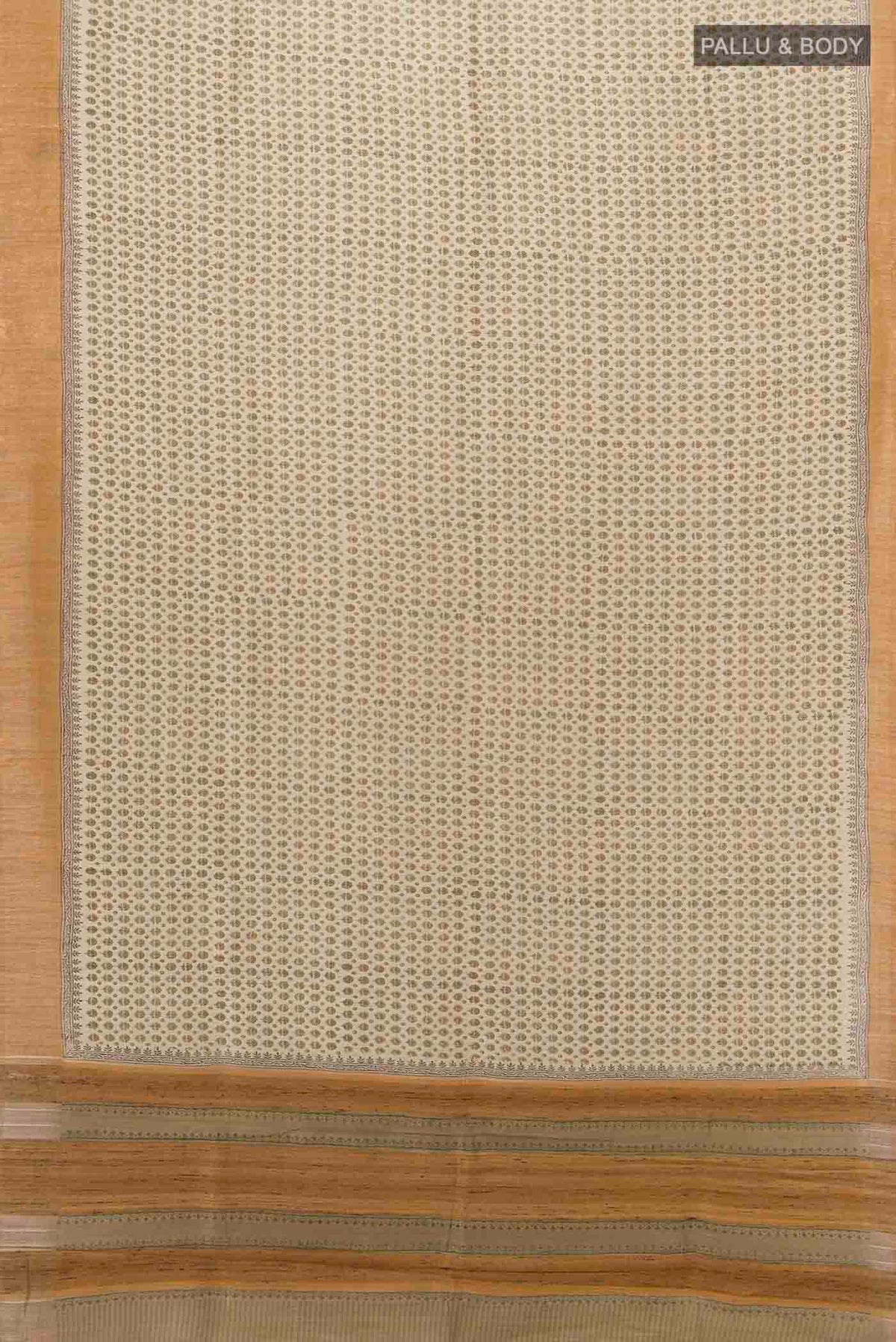 Flat view of Beige Tussar Silk Saree with Floral Print on the body and Silk Border