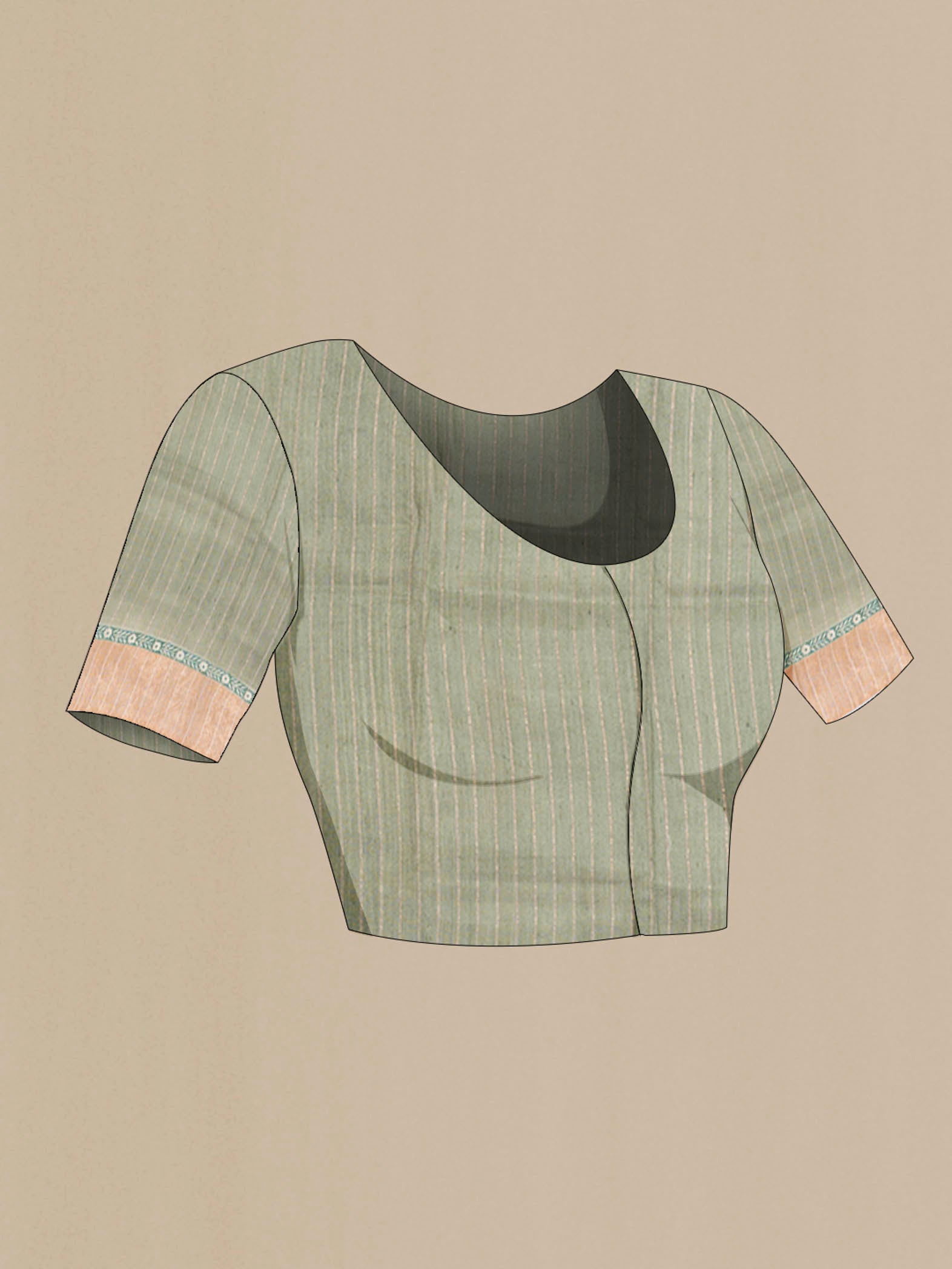 Close up image of the blouse of Beige Tussar Silk Saree with Floral Print on the body and Zari Border