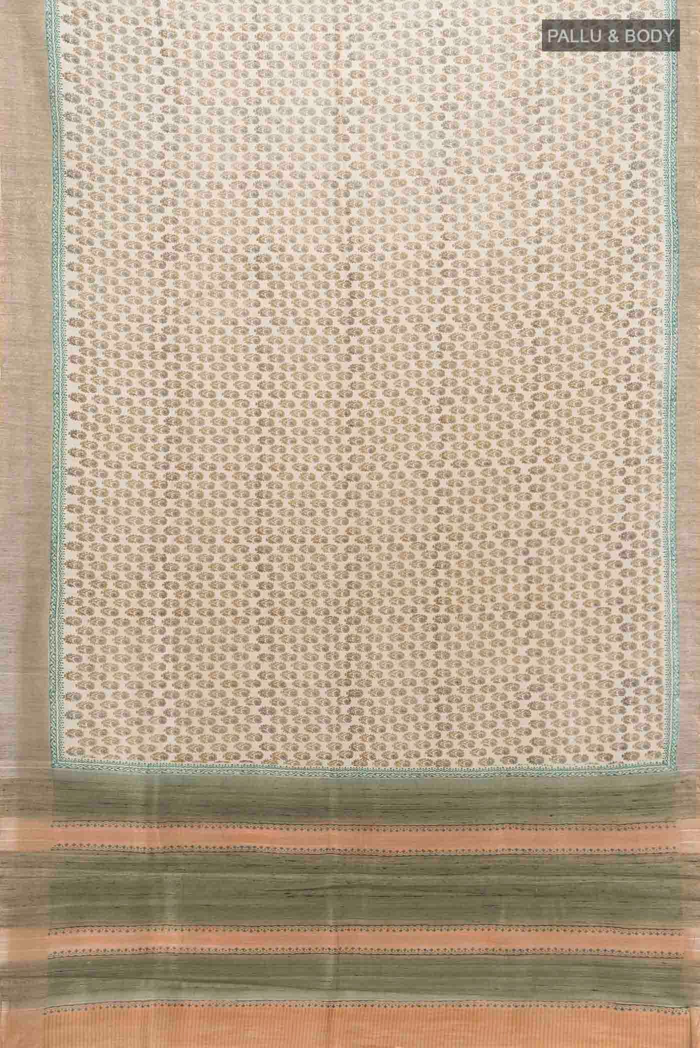 Flat view of Beige Tussar Silk Saree with Floral Print on the body and Zari Border