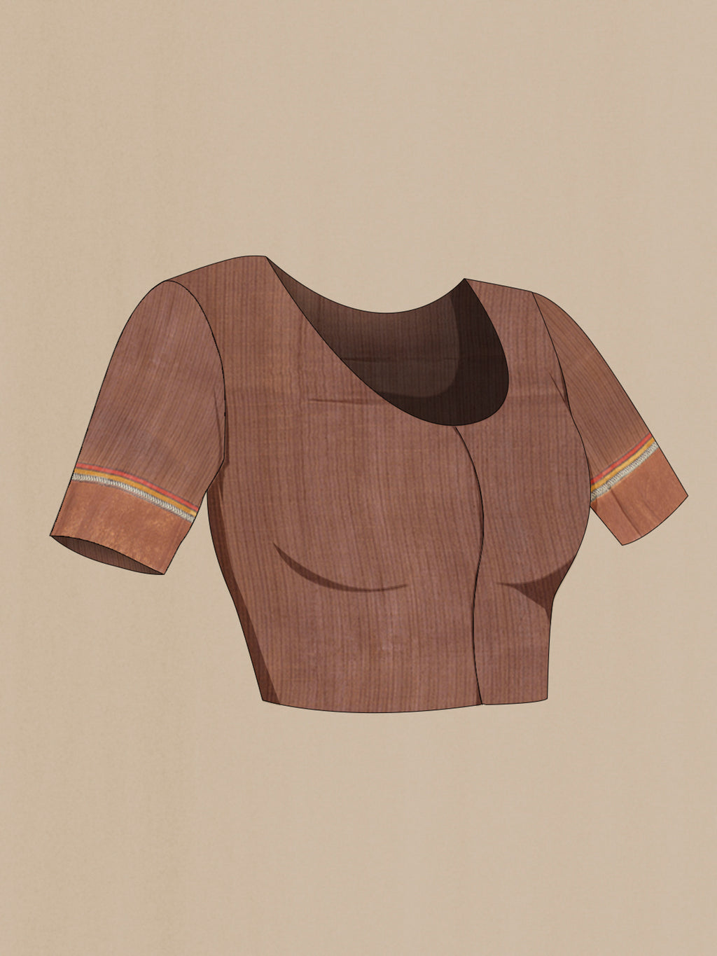 Close up image of the blouse of Brown Tussar Silk Saree with Printed design on the body and Printed Border. 