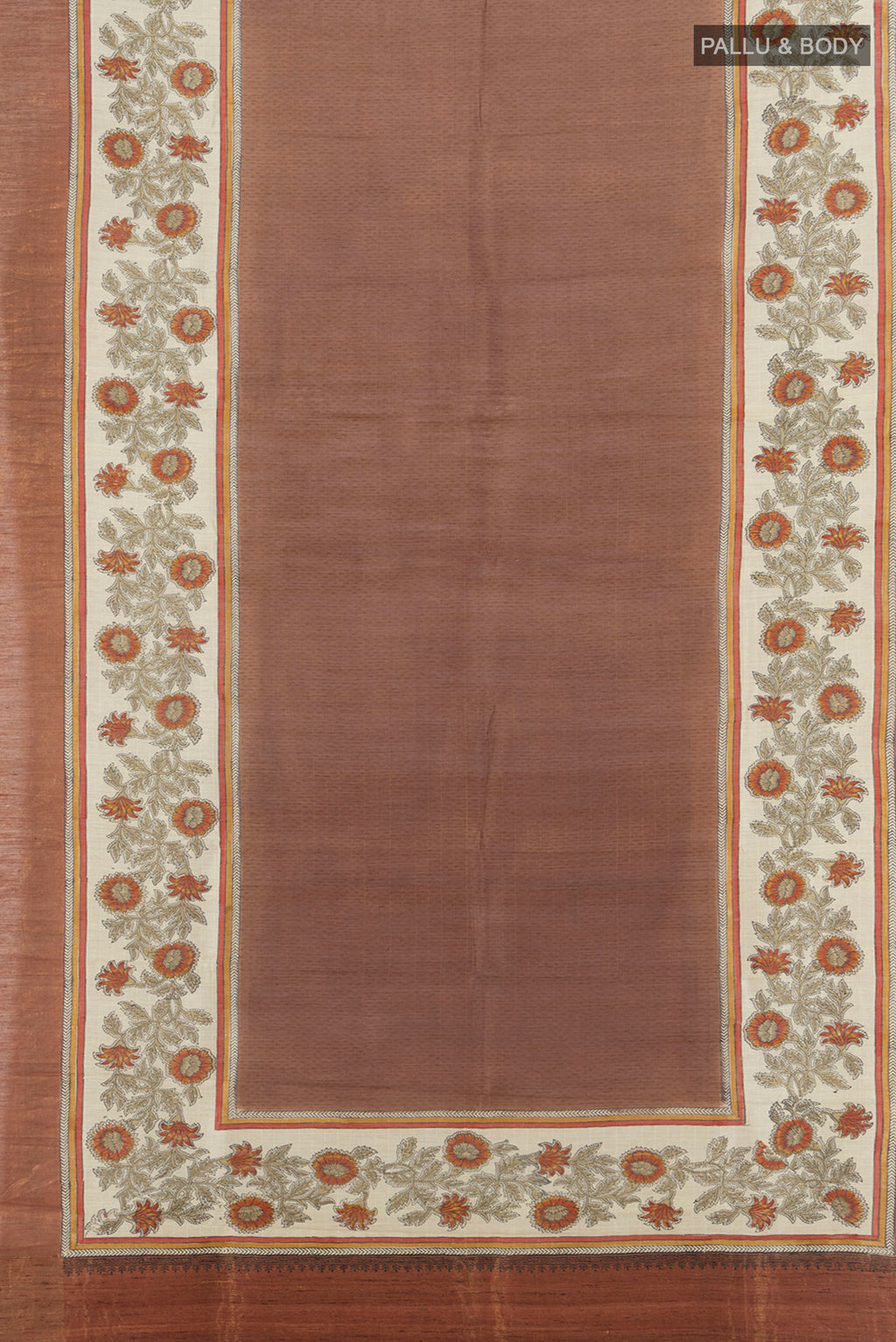 Flat view of Brown Tussar Silk Saree with Printed design on the body and Printed Border. 