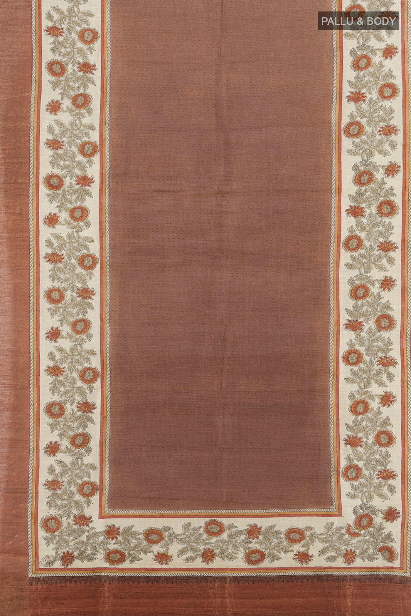 Flat view of Brown Tussar Silk Saree with Printed design on the body and Printed Border. 