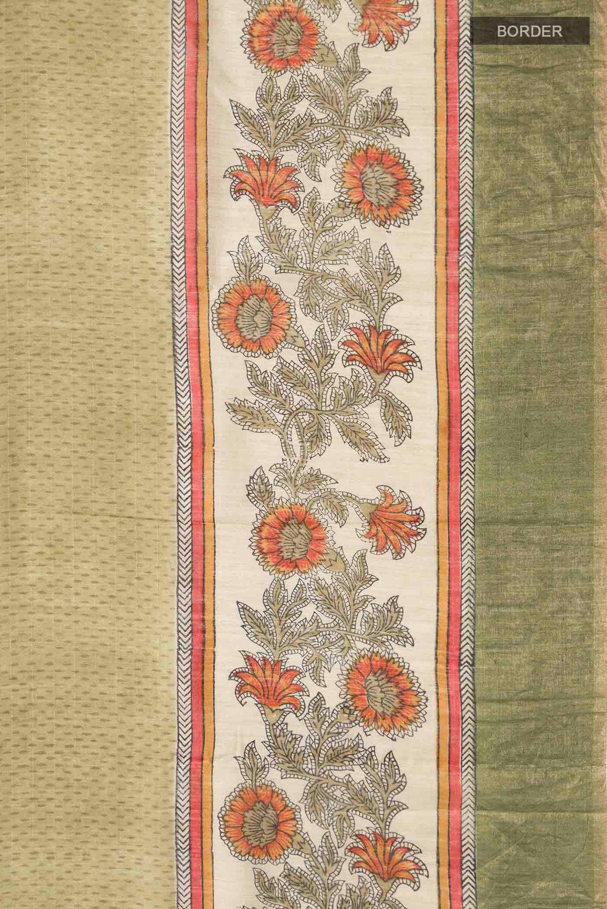 Border image of Green Bhagalpuri Tussar Silk Saree With Printed design on the body and Zari Border