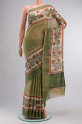 Green Bhagalpuri Tussar Silk Saree With Printed design on the body and Zari Border displayed on a mannequin