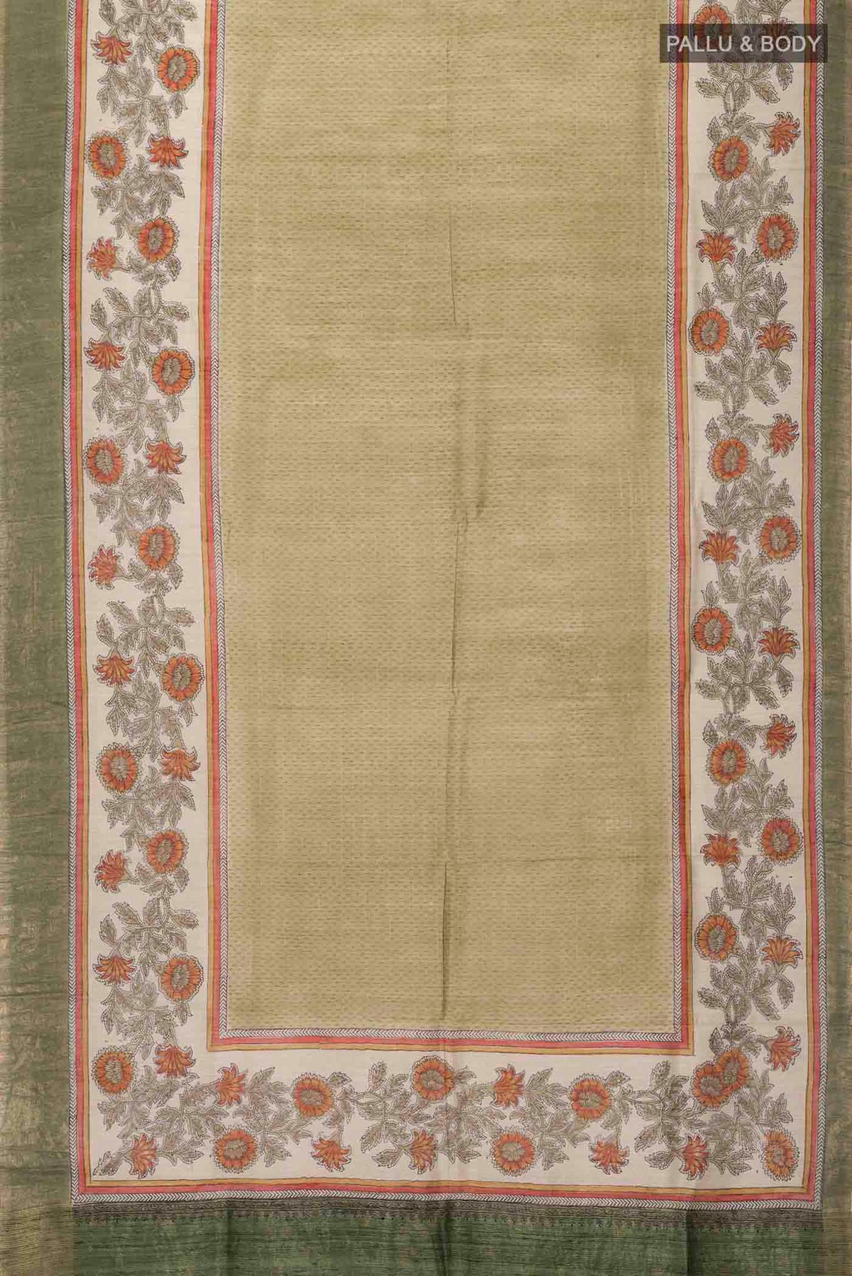 Flat view of Green Bhagalpuri Tussar Silk Saree With Printed design on the body and Zari Border