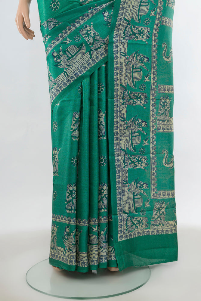 Pleats and pallu of Light Blue Tussar Saree with Floral Print on the body and Silk Border. 