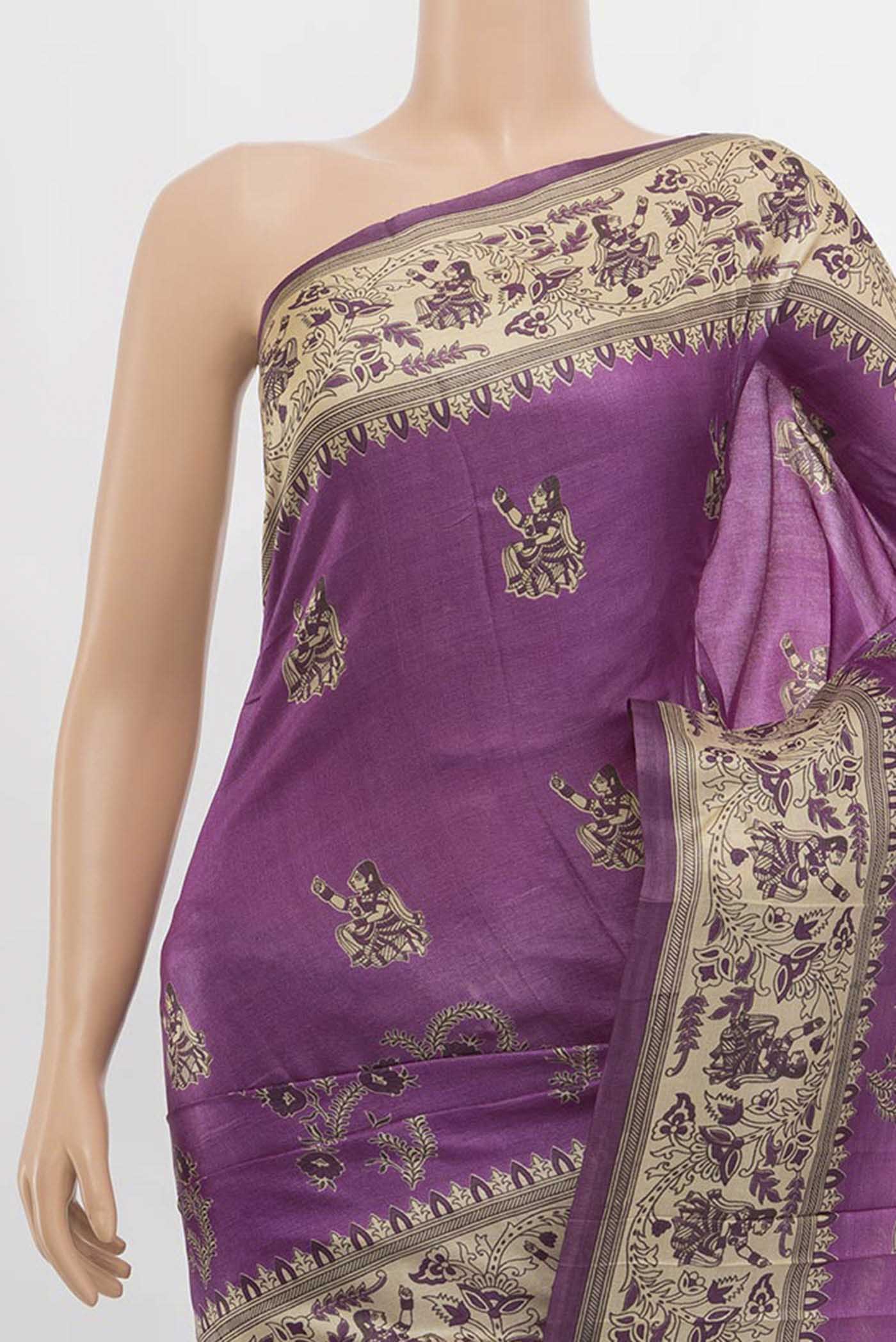 Border image of Violet Tussar Silk Saree with Floral Print on the body and Silk Border. 