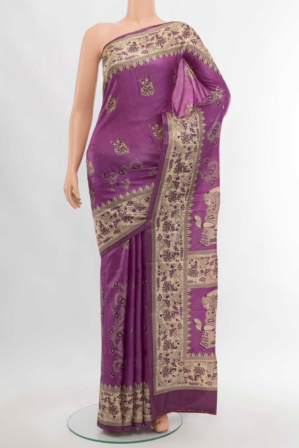 Violet Tussar Silk Saree with Floral Print on the body and Silk Border.  displayed on a mannequin