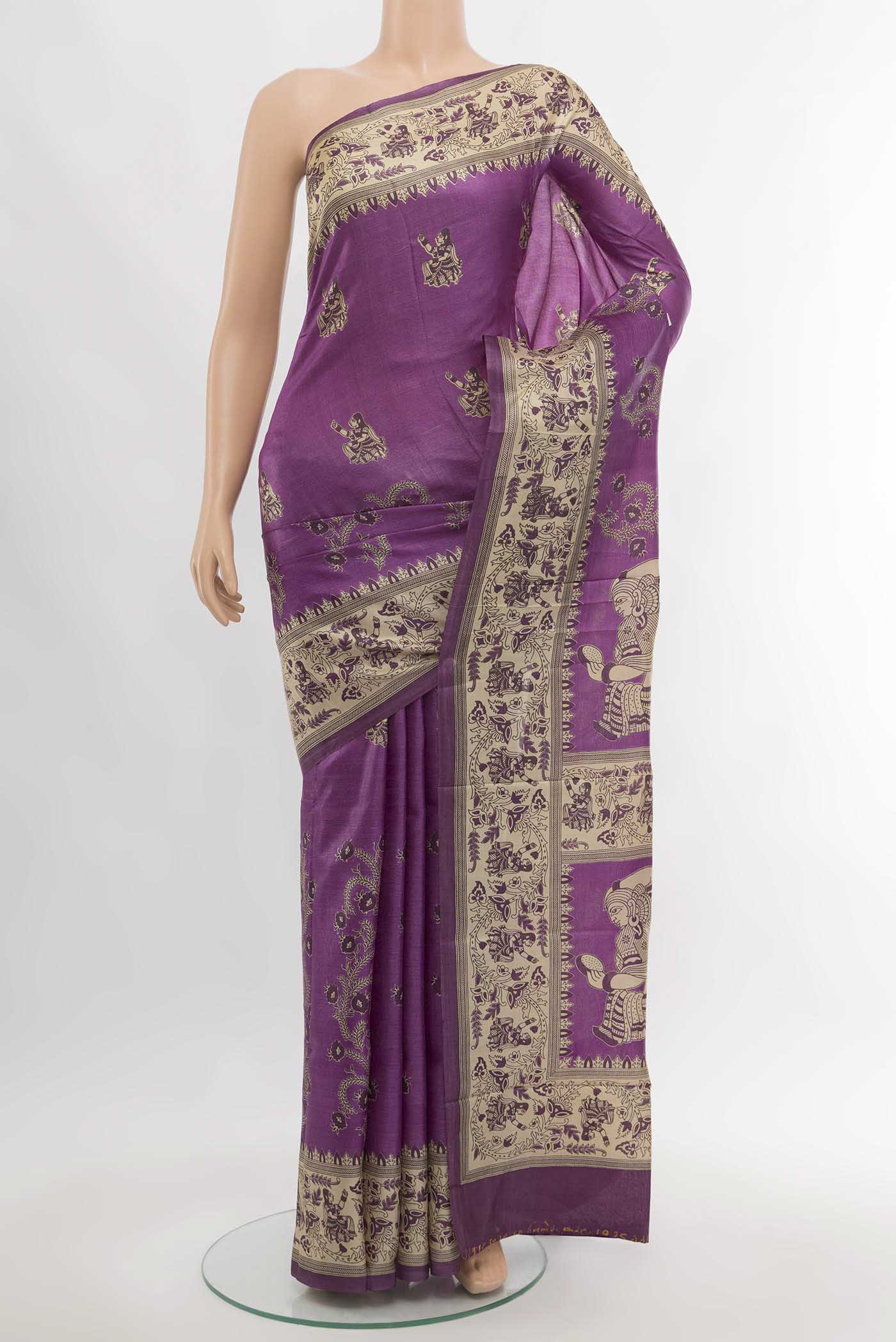 Violet Tussar Silk Saree with Floral Print on the body and Silk Border.  displayed on a mannequin