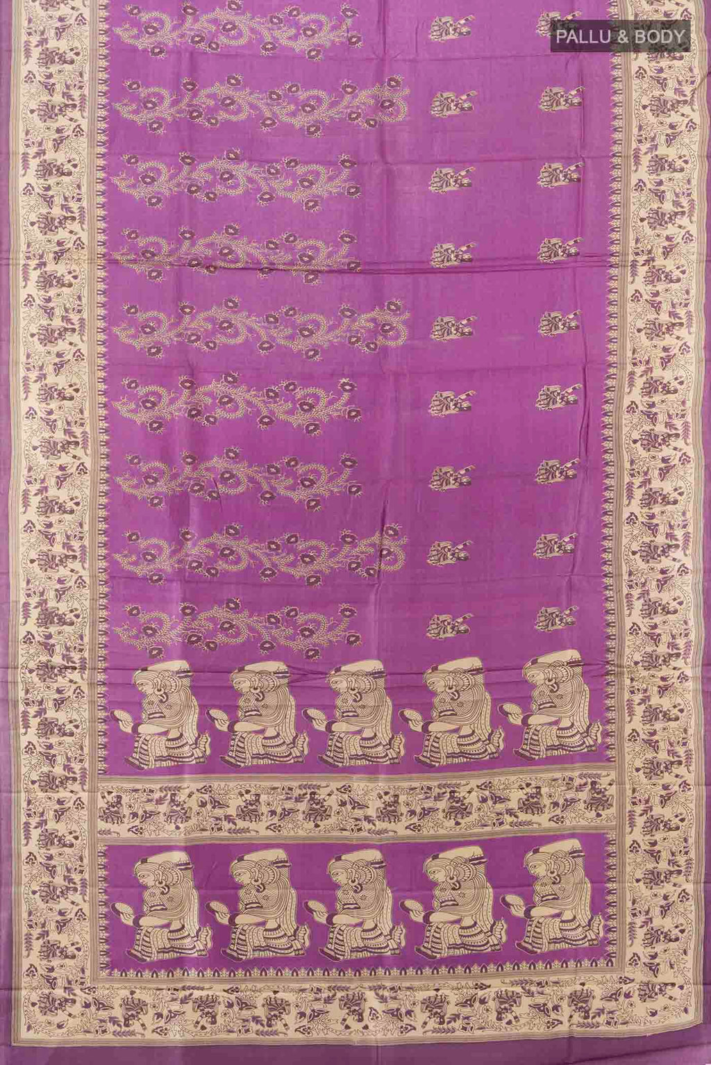 Flat view of Violet Tussar Silk Saree with Floral Print on the body and Silk Border. 