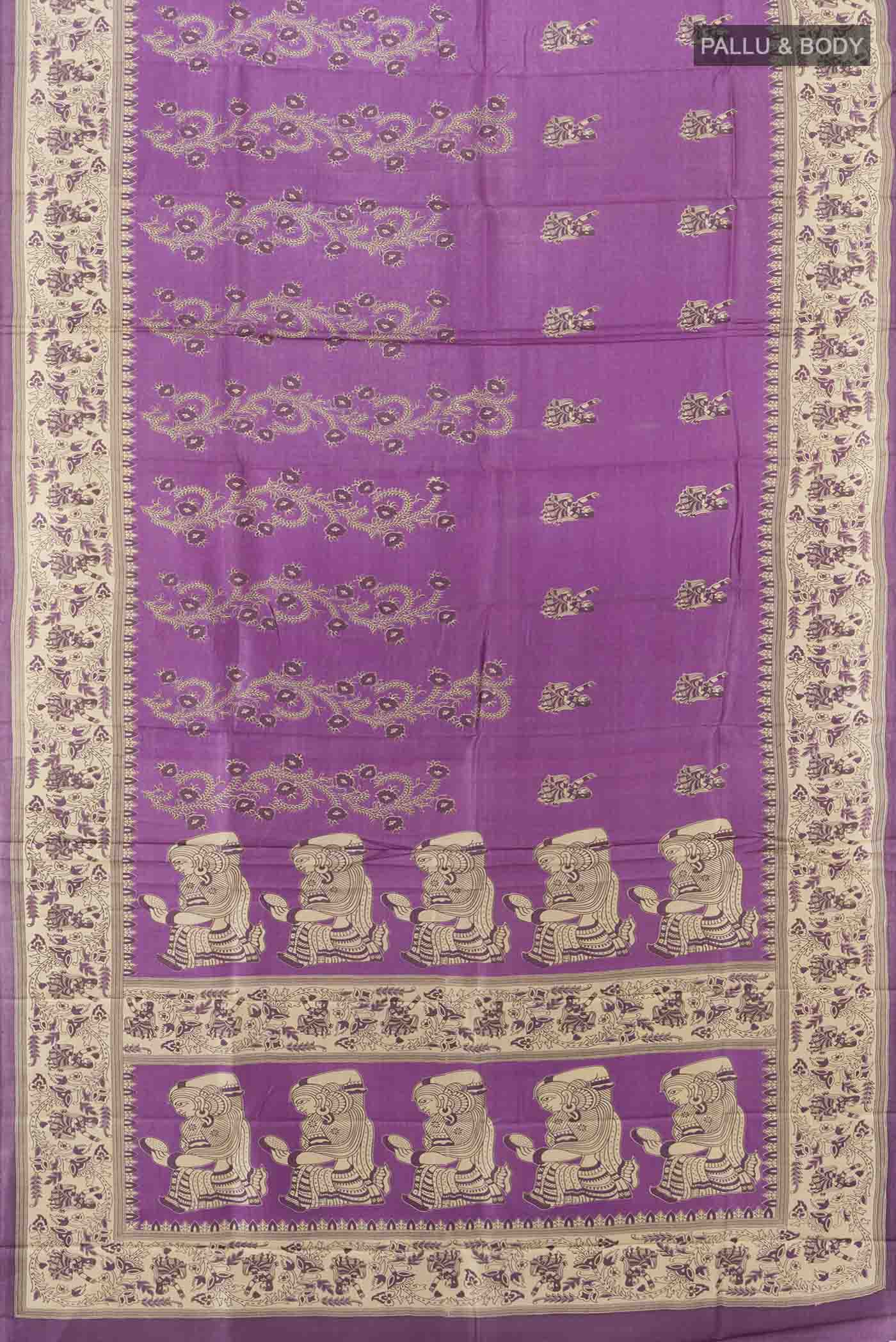 Flat view of Violet Tussar Silk Saree with Floral Print on the body and Silk Border. 