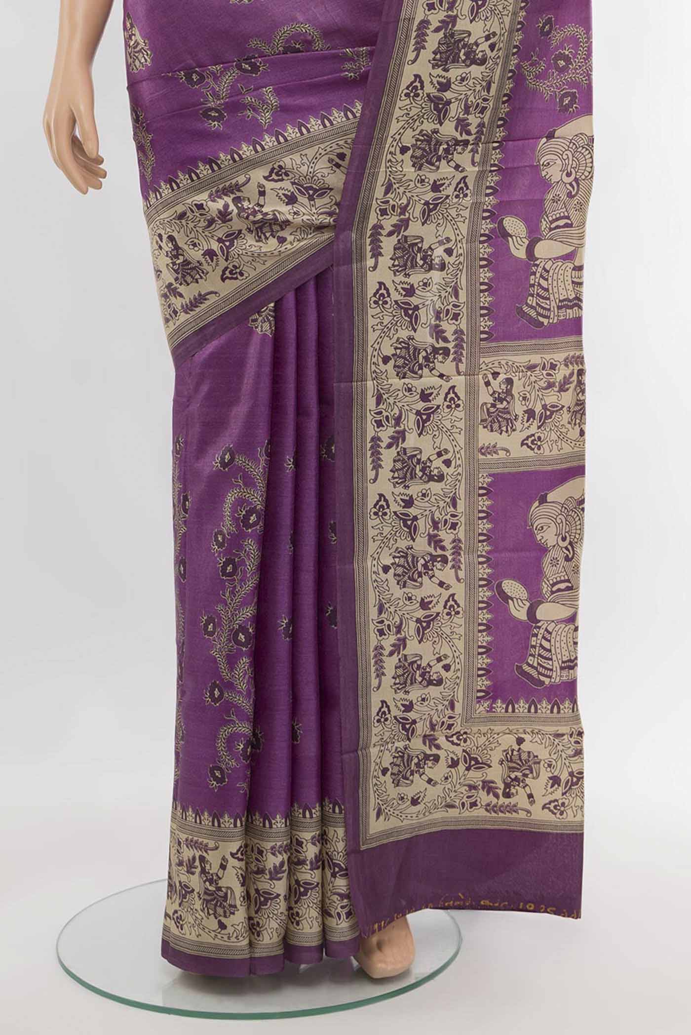 Pleats and pallu of Violet Tussar Silk Saree with Floral Print on the body and Silk Border. 