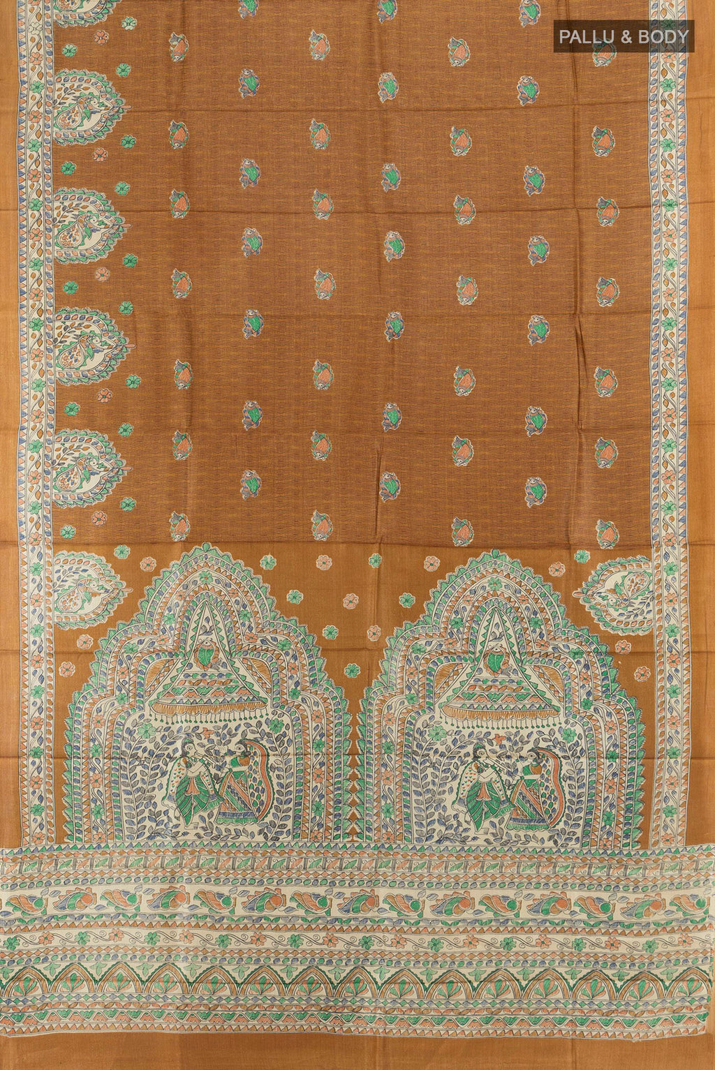 Flat view of Brown Tussar Silk Saree with Floral Print on the body and Printed Border. 