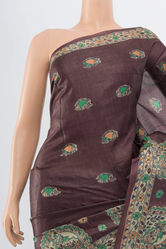 Border image of Brown Tussar Silk Saree with Floral Print on the body and Silk Border. 