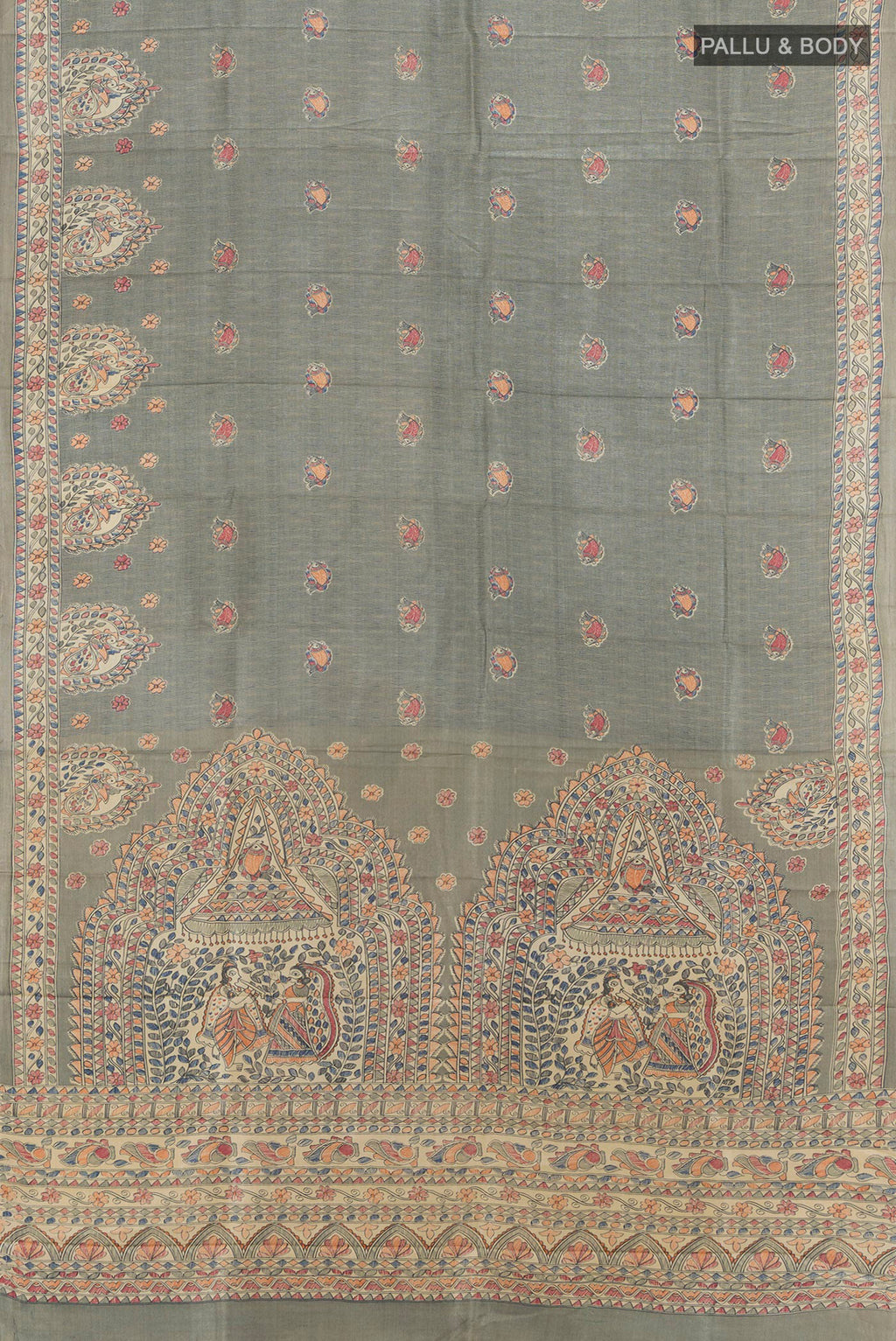 Flat view of Green Tussar Silk Saree with Printed design on the body and Printed Border. 
