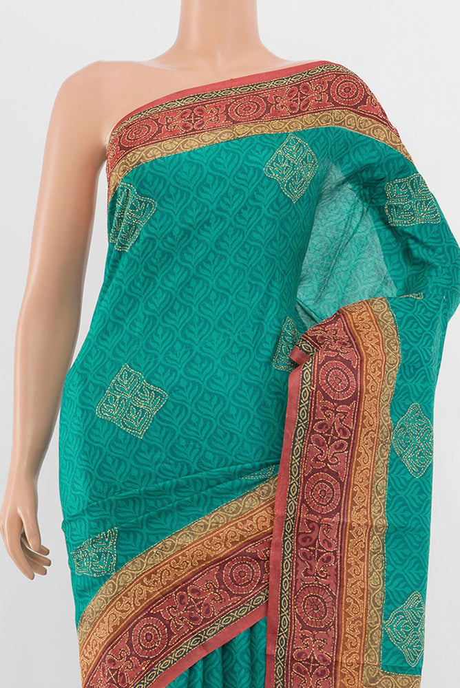 Border image of Peacock Blue Tussar Silk Saree with Floral Print on the body and Thread Border. 