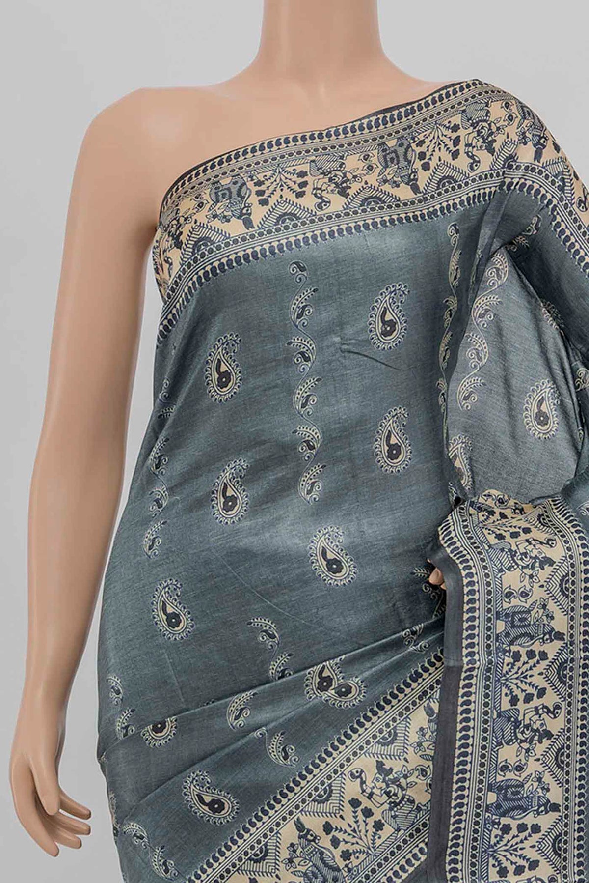Border image of Grey Tussar Saree with Printed design on the body and Fancy Border