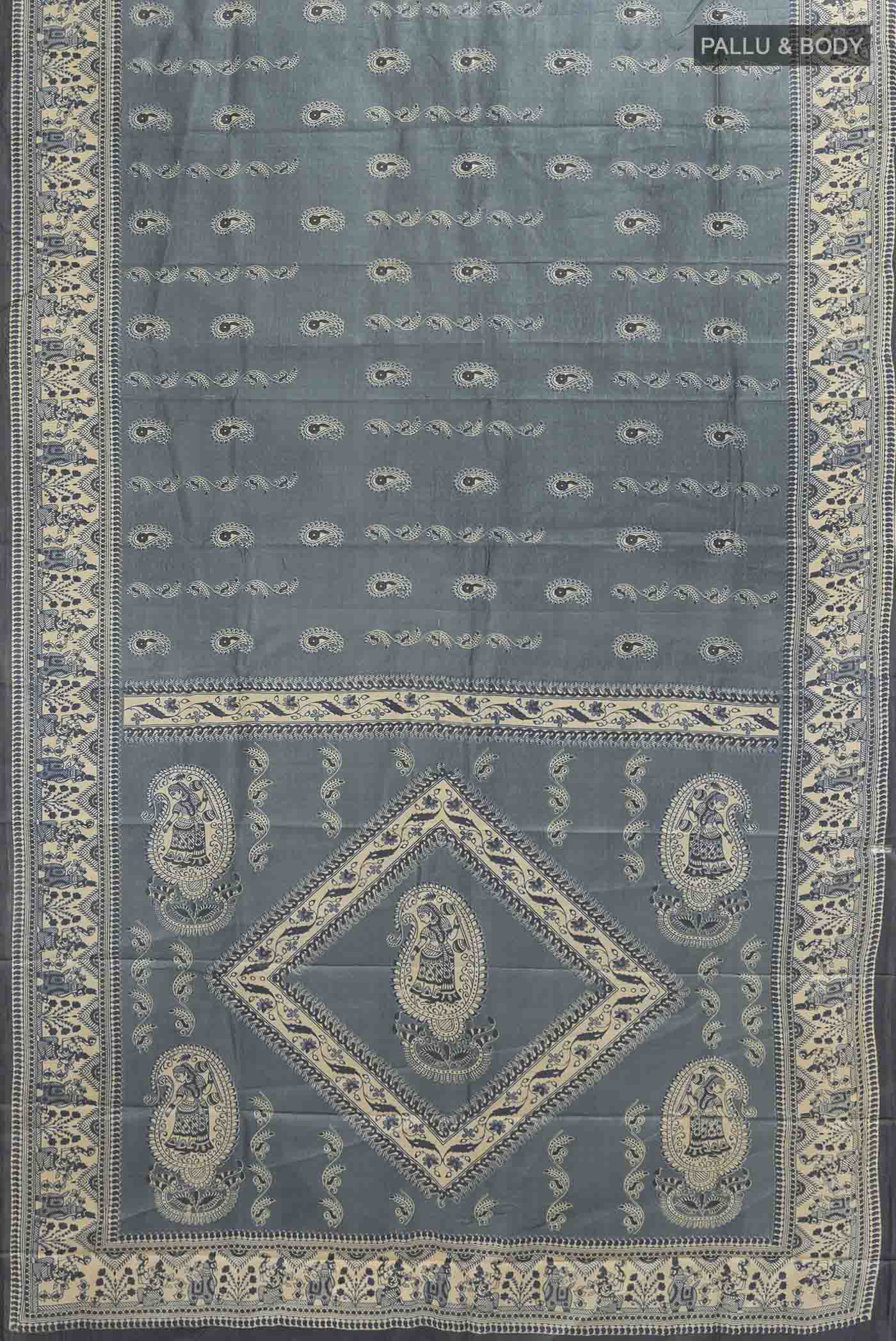 Flat view of Grey Tussar Saree with Printed design on the body and Fancy Border
