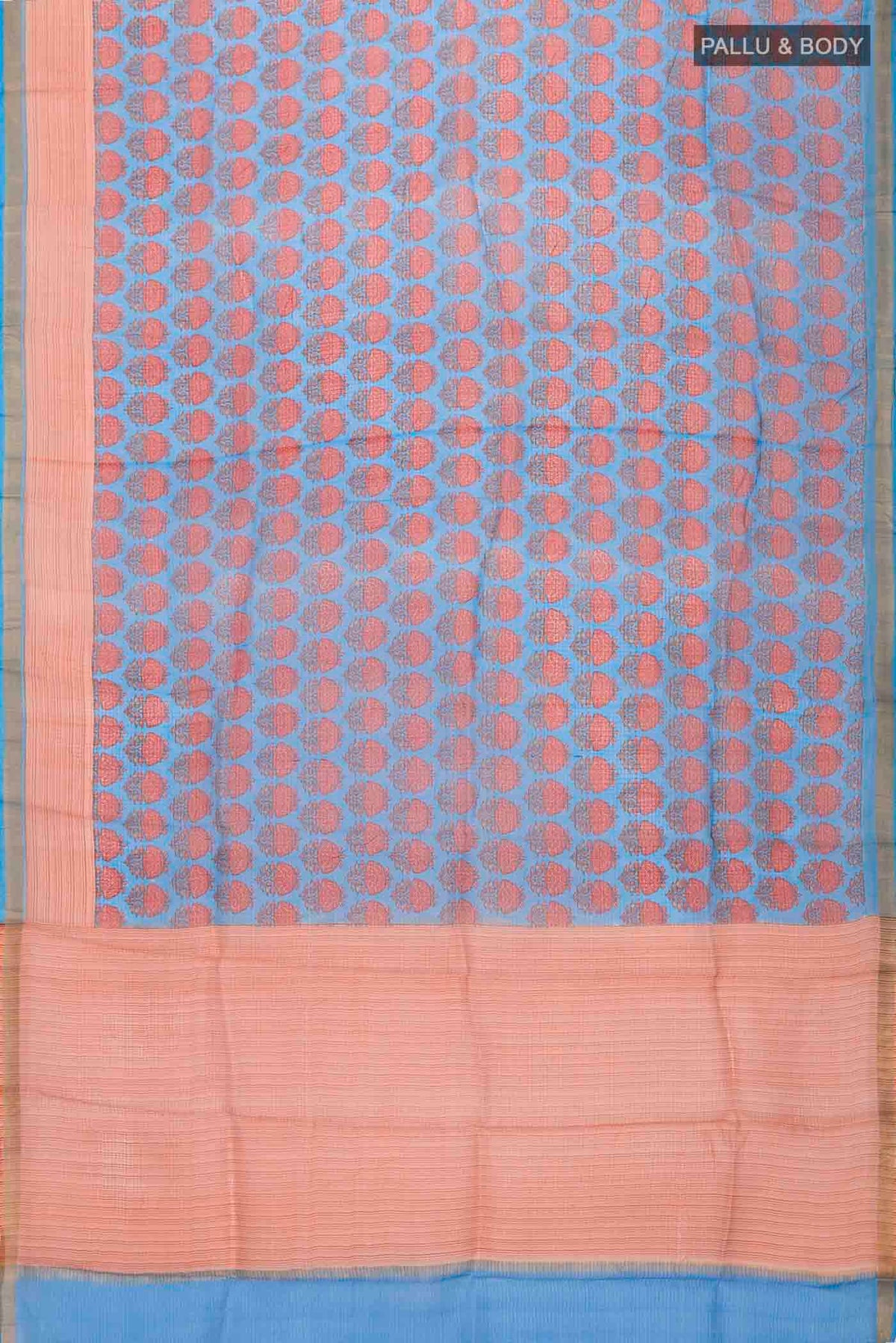 Flat view of Blue Kota Silk Saree With Printed design on the body and Zari Border