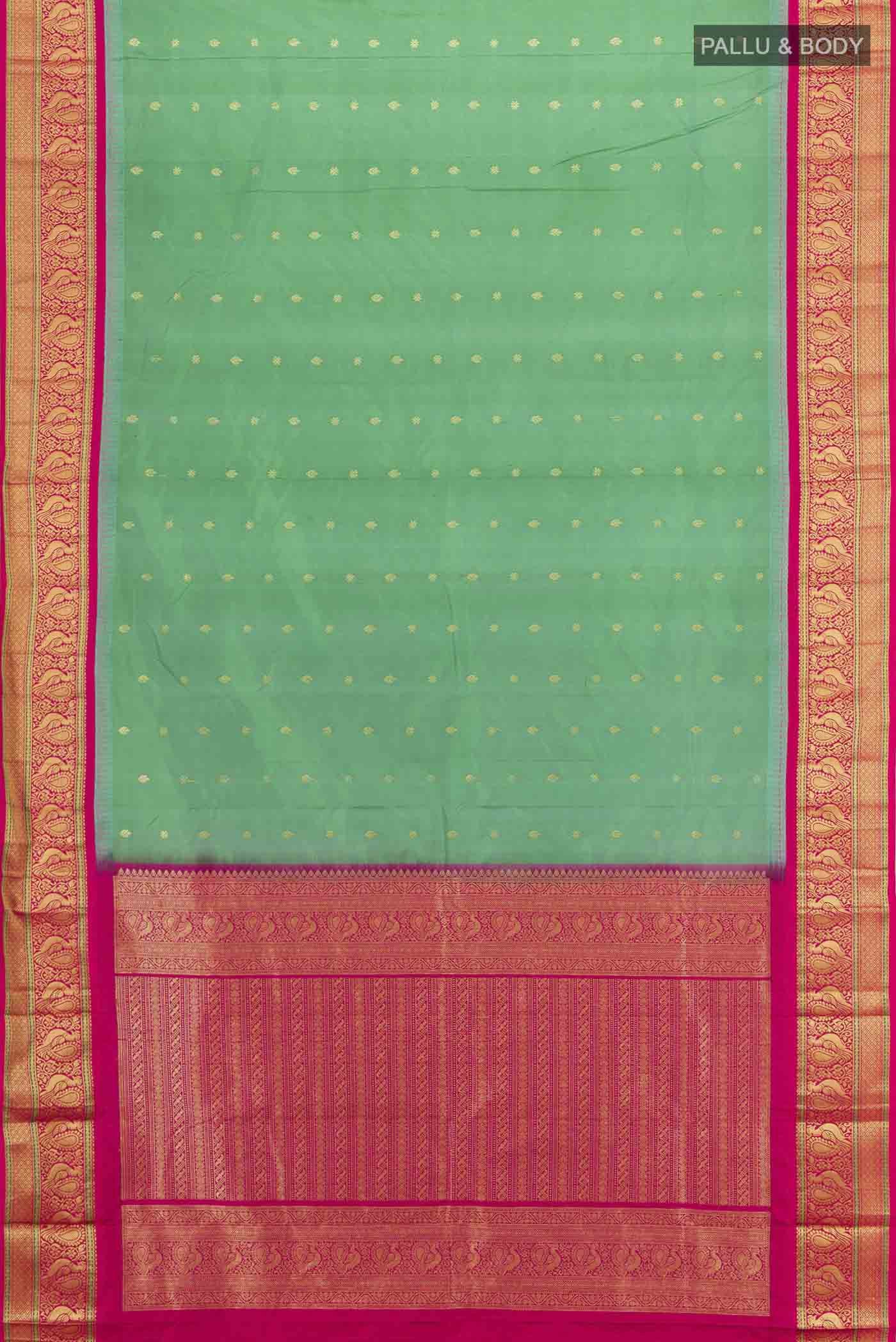 Flat view of Light Green Bangalore Silk Saree with Zari Butta on the body and Silk Border. 