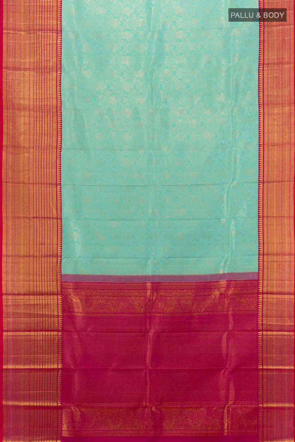 Flat view of Sky Blue Kanchipuram Silk Saree with Zari Brocade on the body and Silk Border