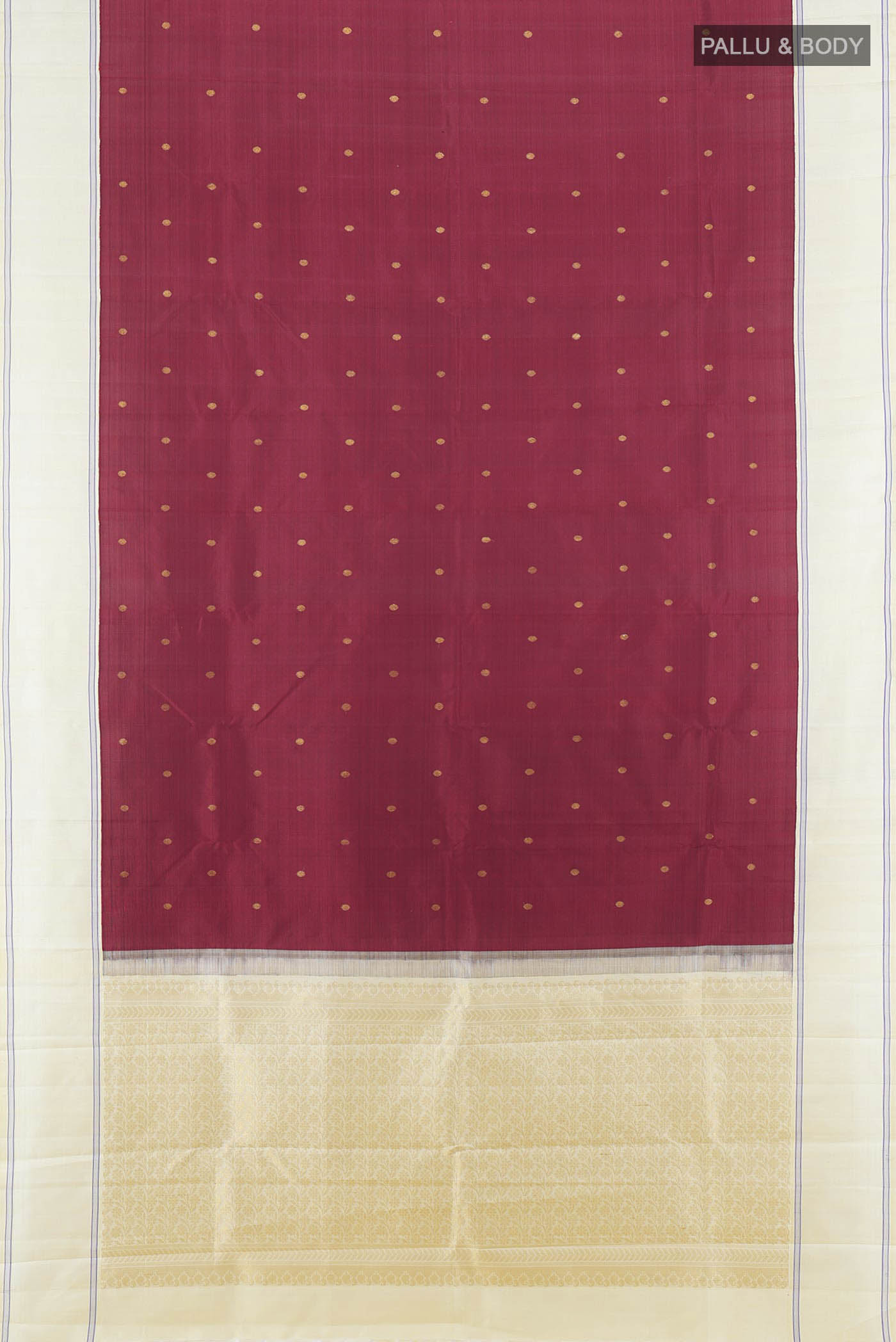 Flat view of Maroon Kanjivaram Silk Saree with Zari Butta on the body and Silk Border. 