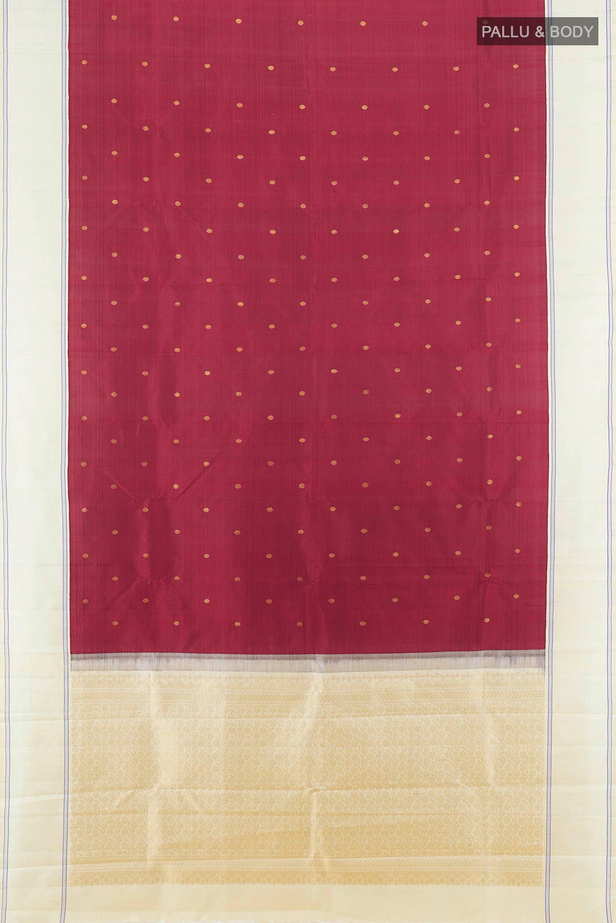 Flat view of Maroon Kanjivaram Silk Saree with Zari Butta on the body and Silk Border. 