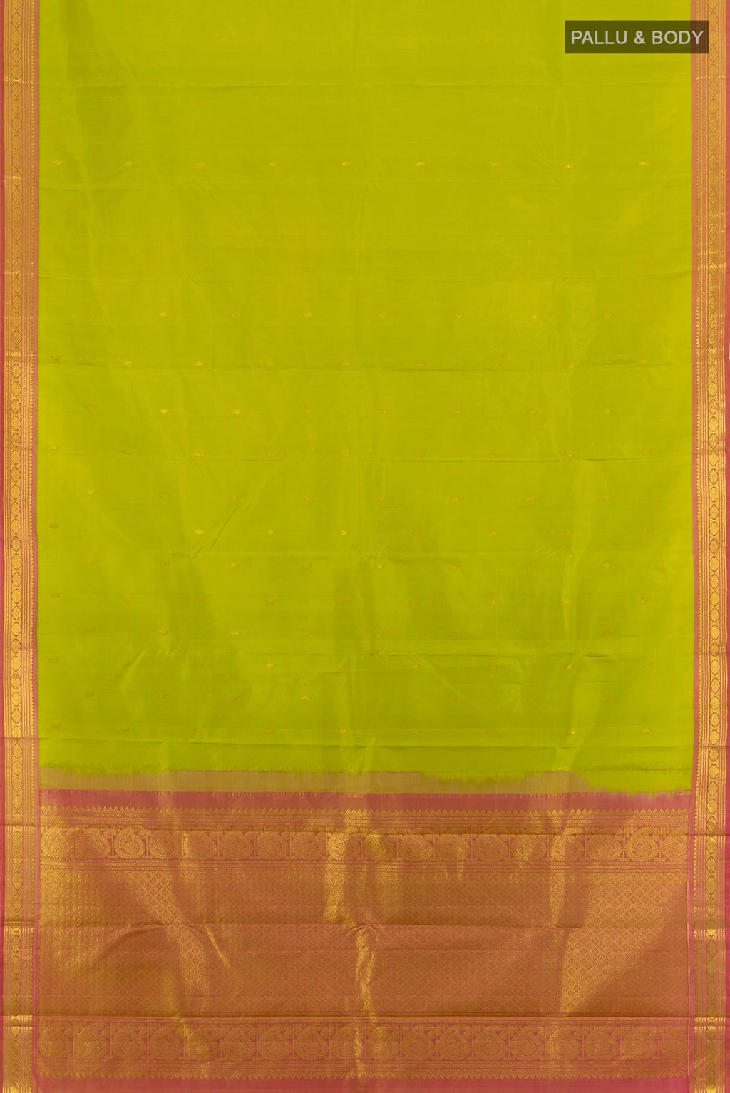 Flat view of Light Green Kanchipuram Silk Saree with Zari Butta on the body and Zari Border. 