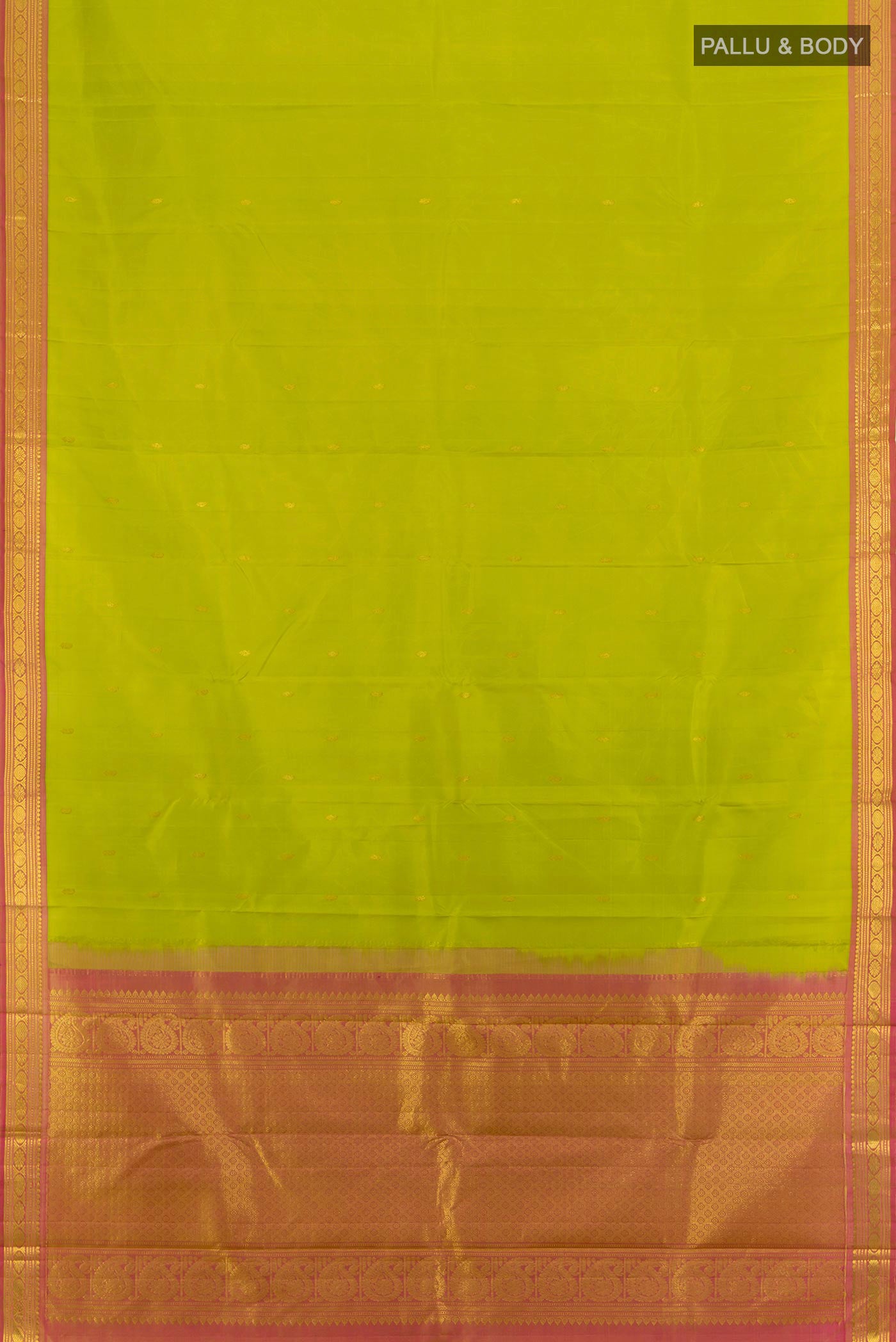 Flat view of Light Green Kanchipuram Silk Saree with Zari Butta on the body and Zari Border. 