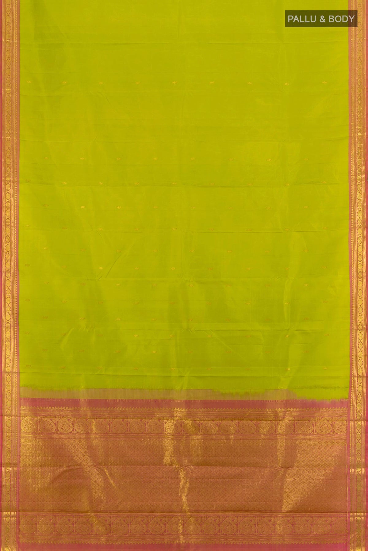Flat view of Light Green Kanchipuram Silk Saree with Zari Butta on the body and Zari Border. 