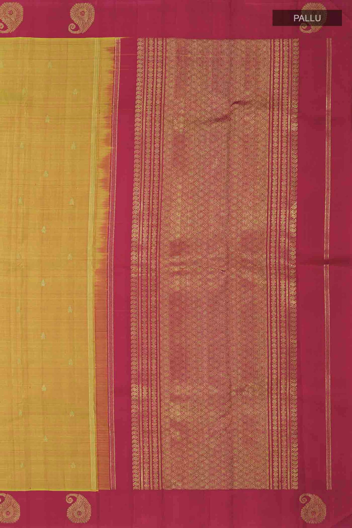 Close up image of the pallu of Mustard Kanchipuram Silk Saree with Zari Butta on the body and Zari Border