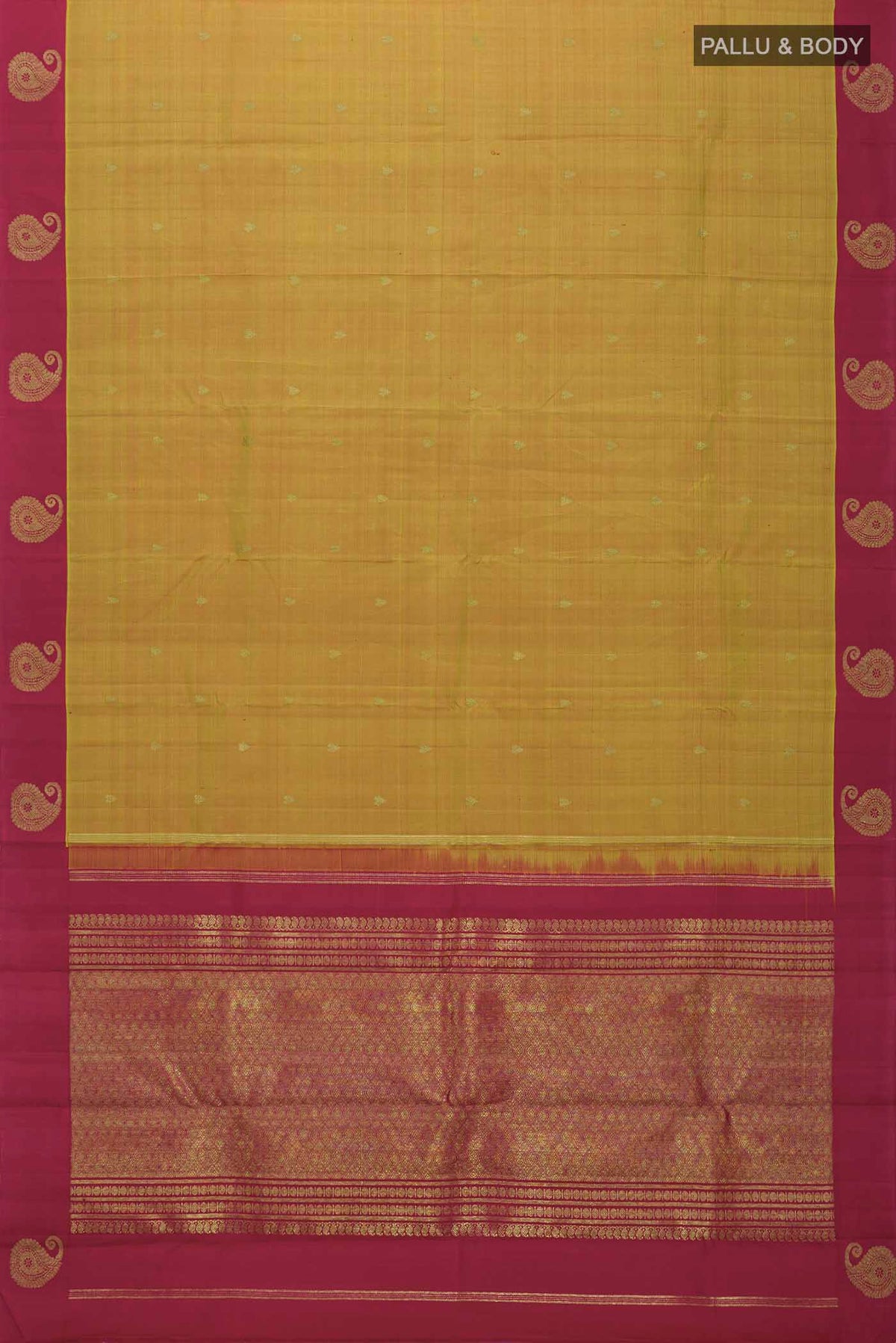 Flat view of Mustard Kanchipuram Silk Saree with Zari Butta on the body and Zari Border