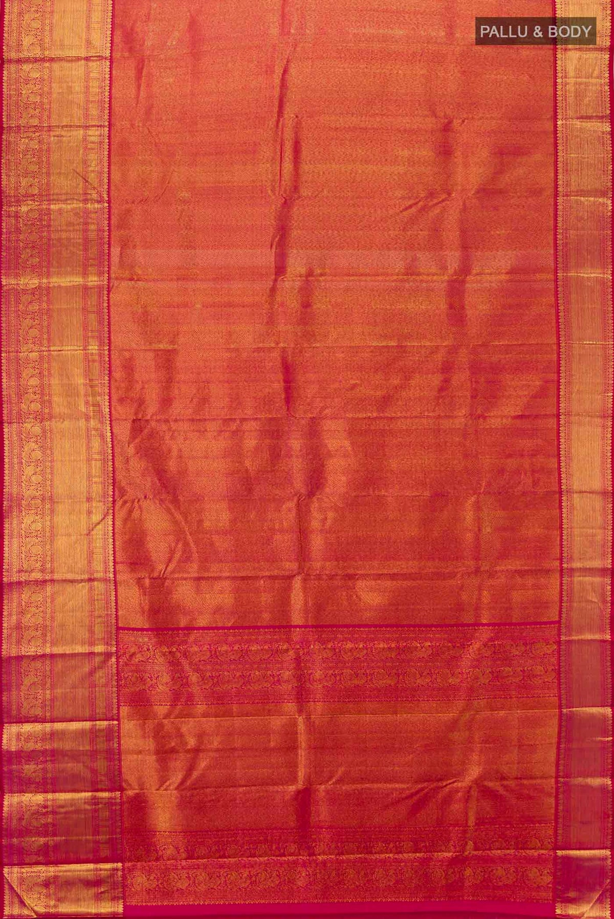 Flat view of Pure Silk Pure Zari Pink Kanchipuram Saree with Zari Butta on the body and Silk Border