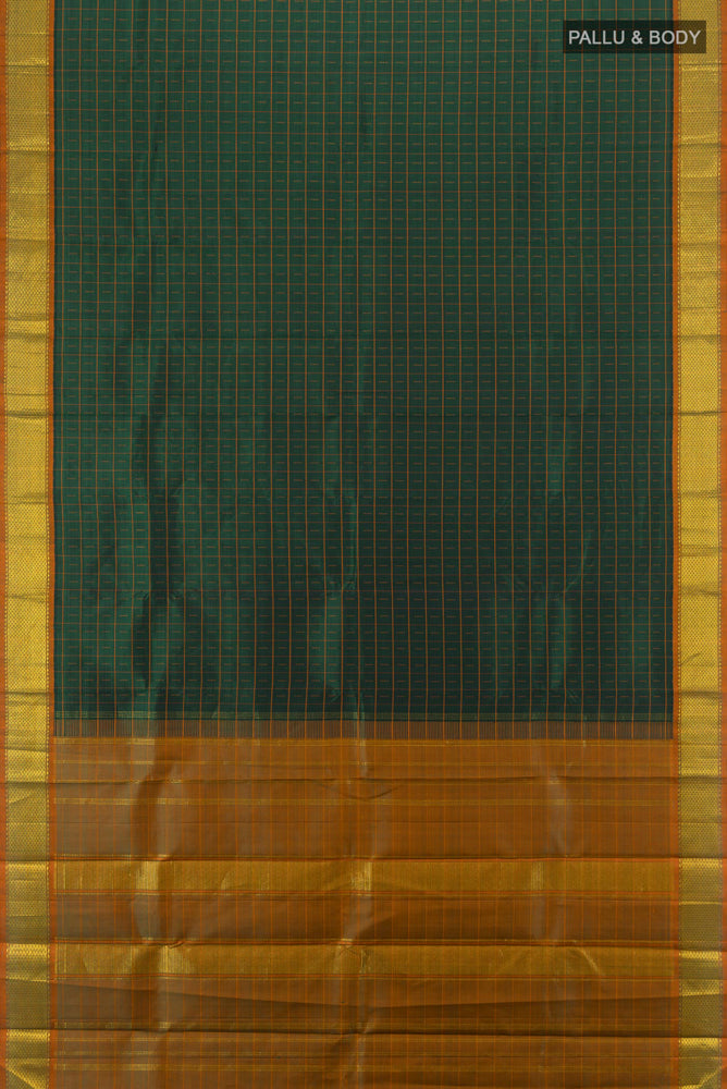 Flat view of Green Kanchipuram Silk Saree with Zari Butta on the body and Silk Border. 