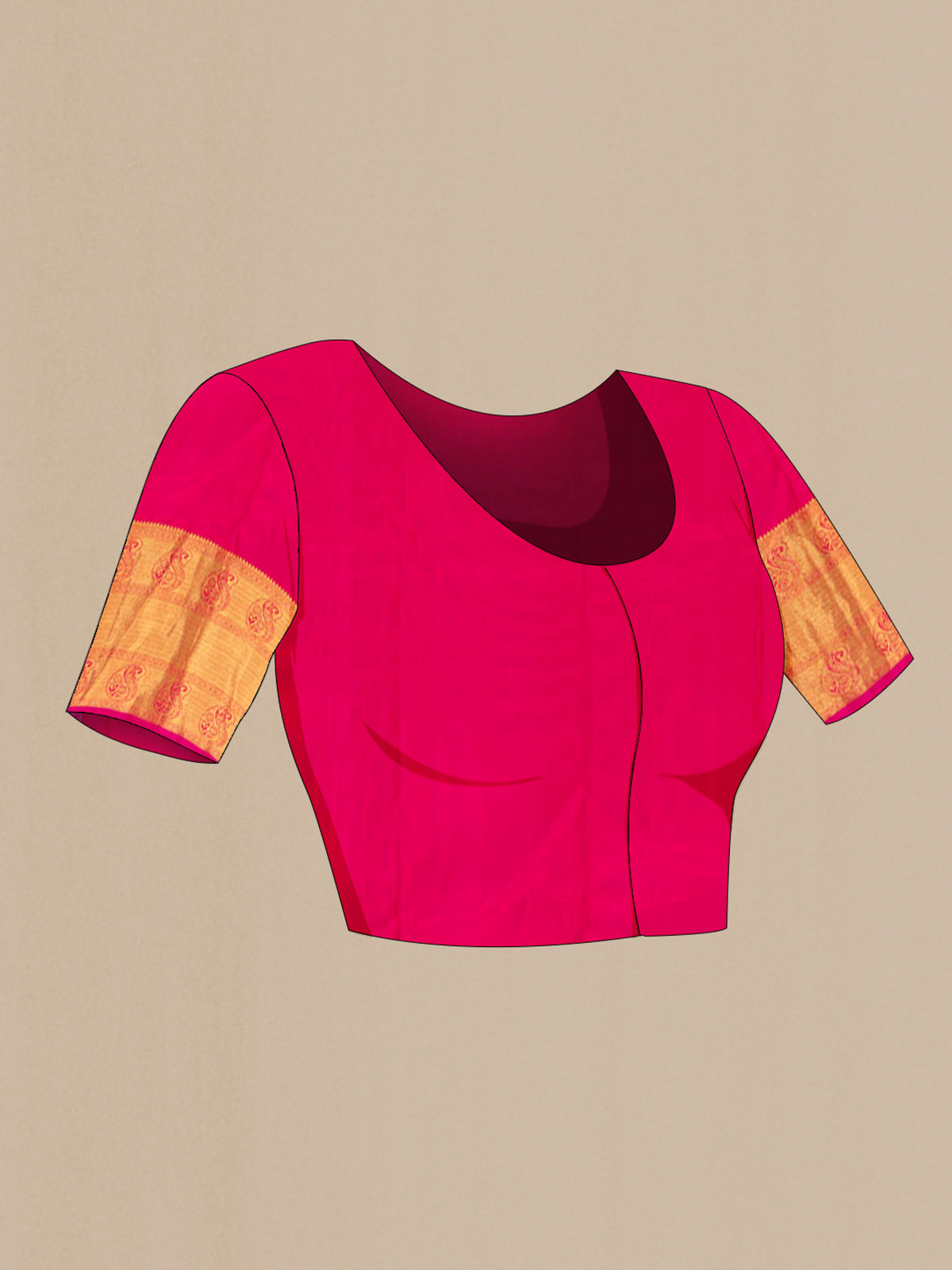 Close up image of the blouse of Pure Silk Pure Zari Pink Kanjivaram Saree with Zari Brocade on the body and Zari Border. 