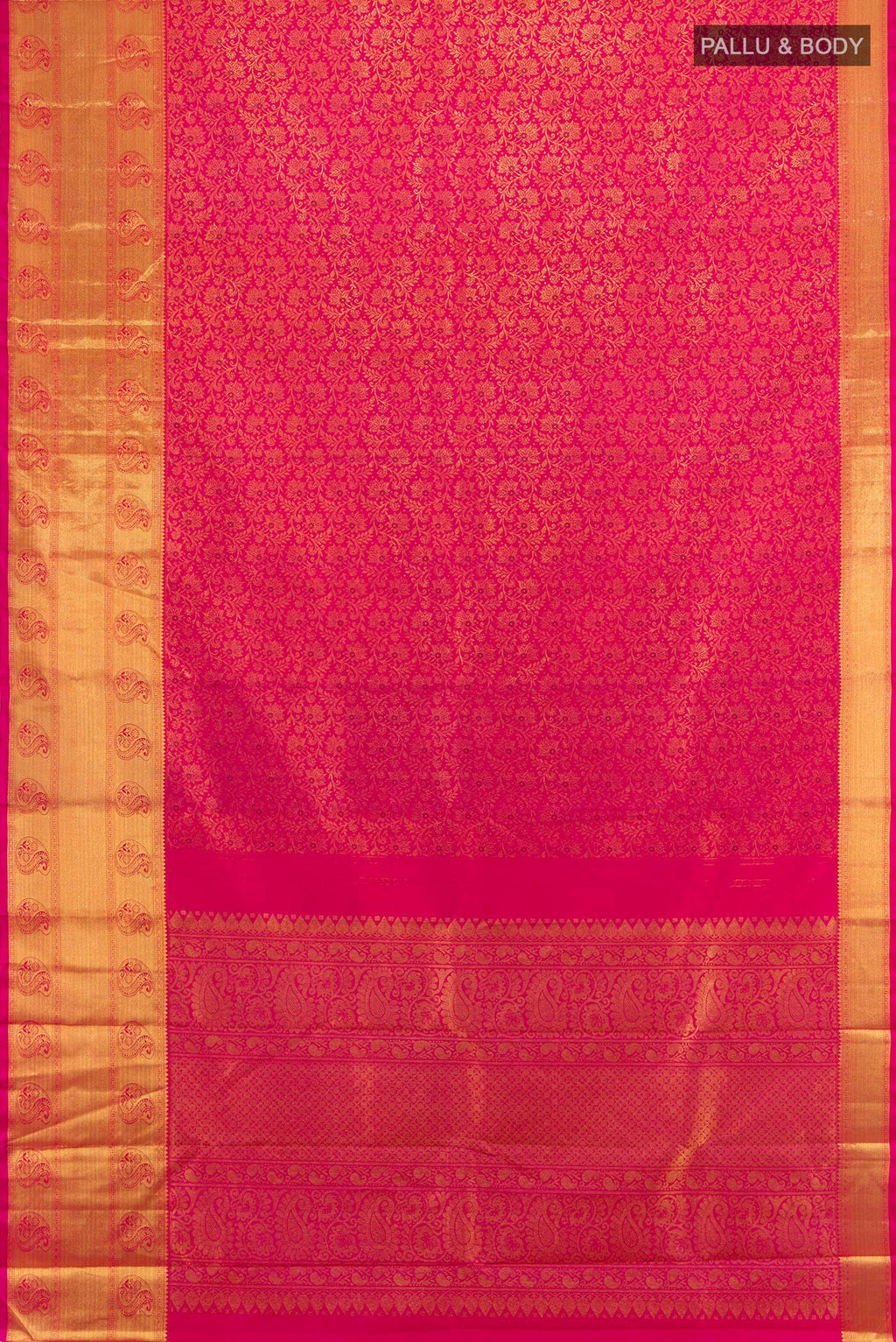Flat view of Pure Silk Pure Zari Pink Kanjivaram Saree with Zari Brocade on the body and Zari Border. 
