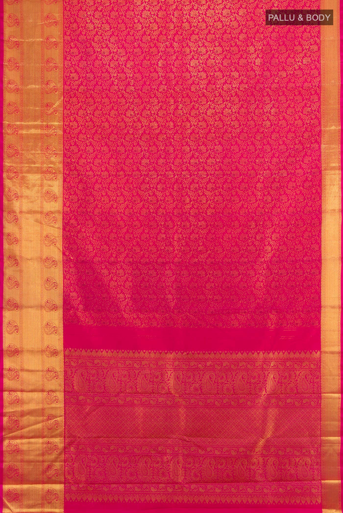 Flat view of Pure Silk Pure Zari Pink Kanjivaram Saree with Zari Brocade on the body and Zari Border. 