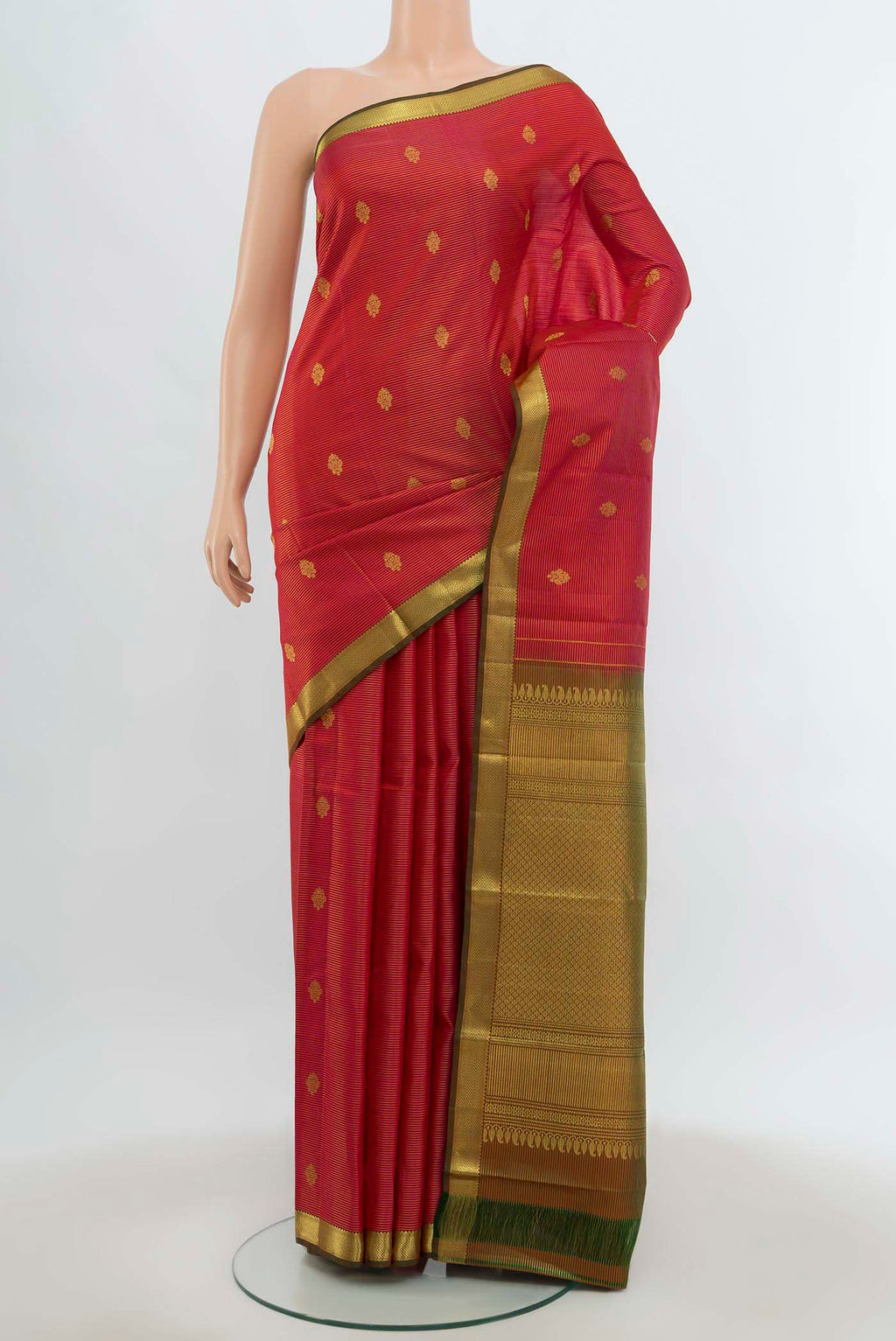 Imperial Pink Kanchipuram Silk Saree with Zari Butta on the body and Silk Border.  displayed on a mannequin