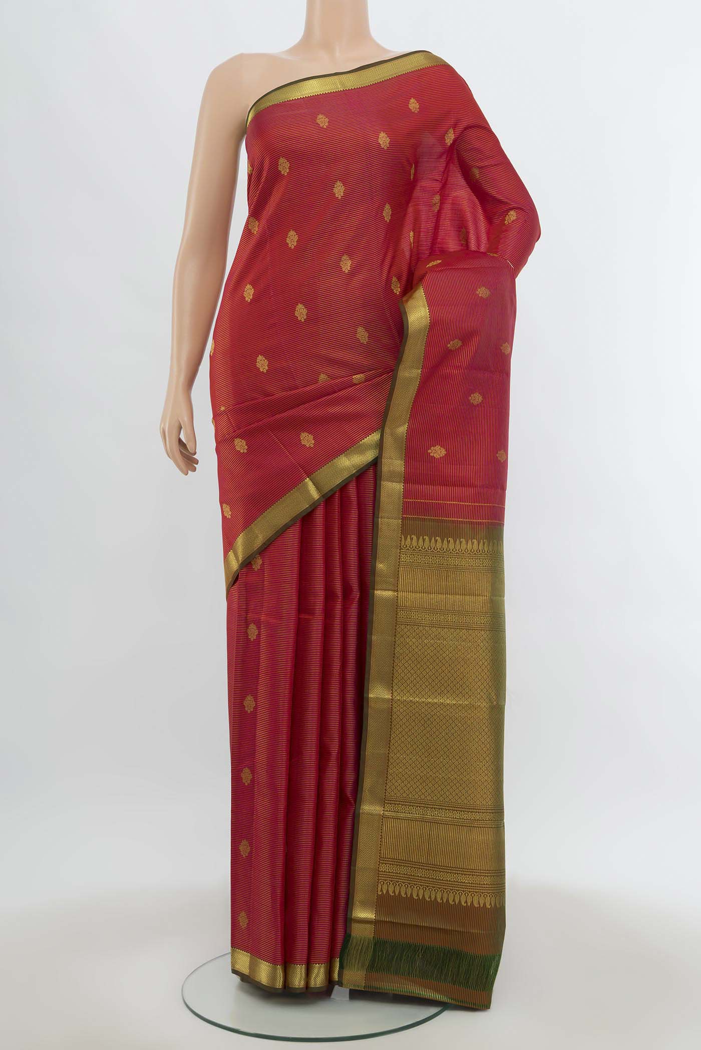Imperial Pink Kanchipuram Silk Saree with Zari Butta on the body and Silk Border.  displayed on a mannequin