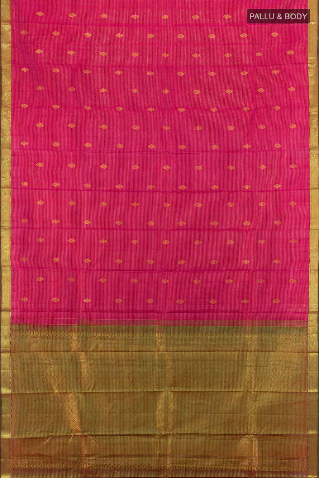 Flat view of Imperial Pink Kanchipuram Silk Saree with Zari Butta on the body and Silk Border. 