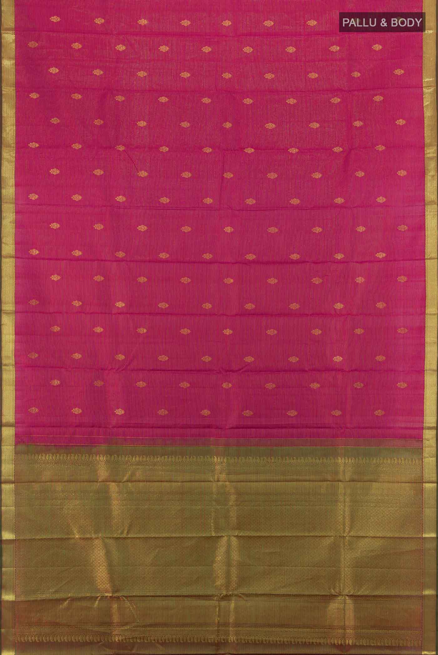 Flat view of Imperial Pink Kanchipuram Silk Saree with Zari Butta on the body and Silk Border. 