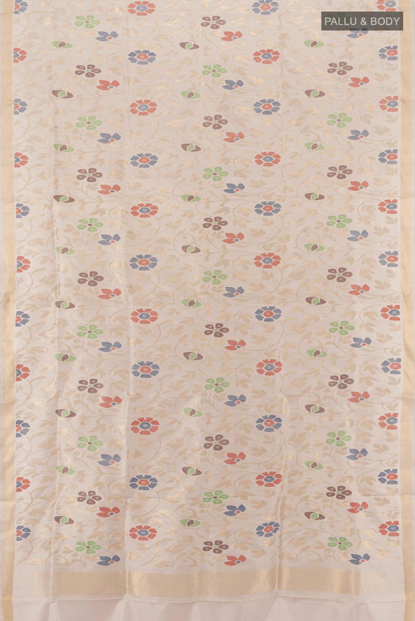 Flat view of Beige Uppada Silk Saree with Zari Butta on the body and Silk Border. 