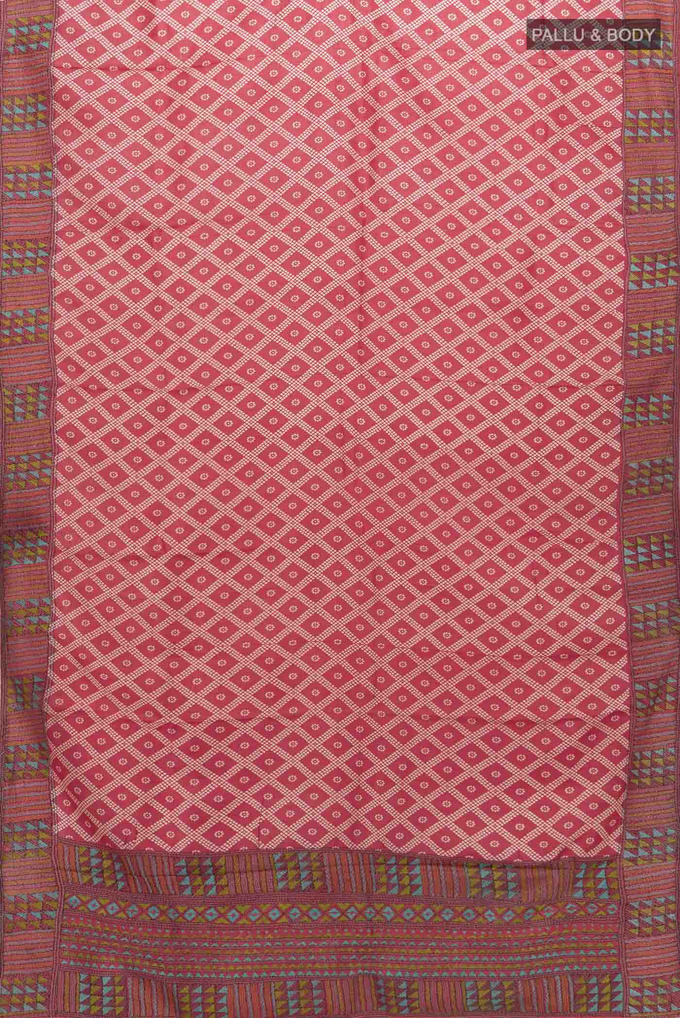 Flat view of Imperial Pink Tussar Silk Saree with Zari Butta on the body and Embroidery Border