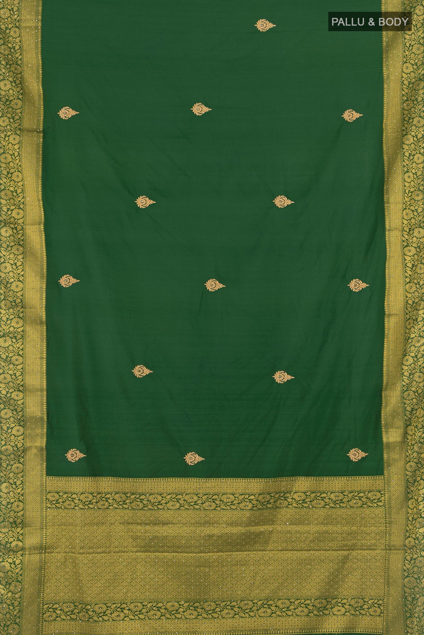 Flat view of Bottle Green Blended Art Silk Saree with Embroidery on the body and Zari Border. 